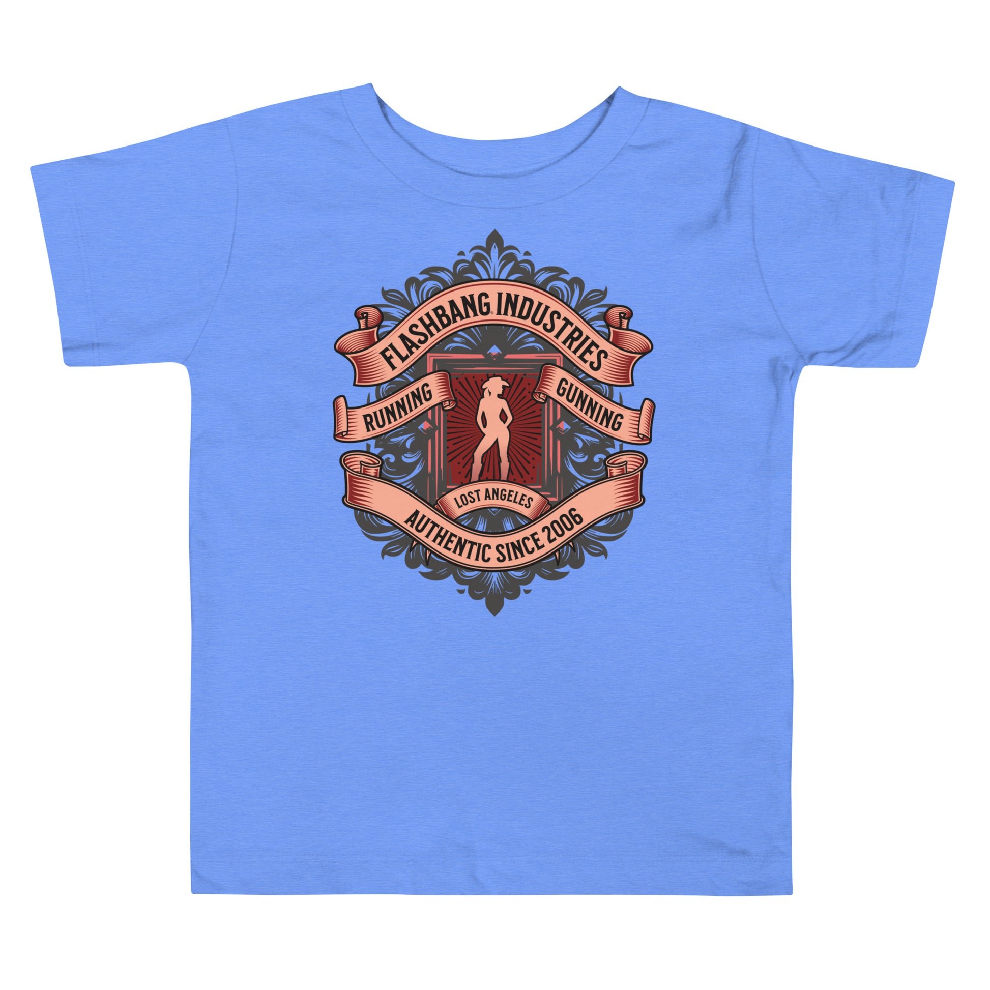 Blue t-shirt with a graphic design on a white background