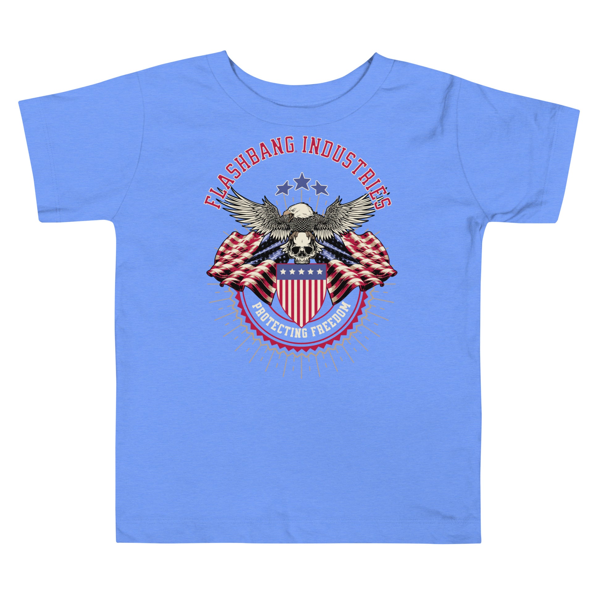 Blue t-shirt with an eagle and American flag graphic on a white background