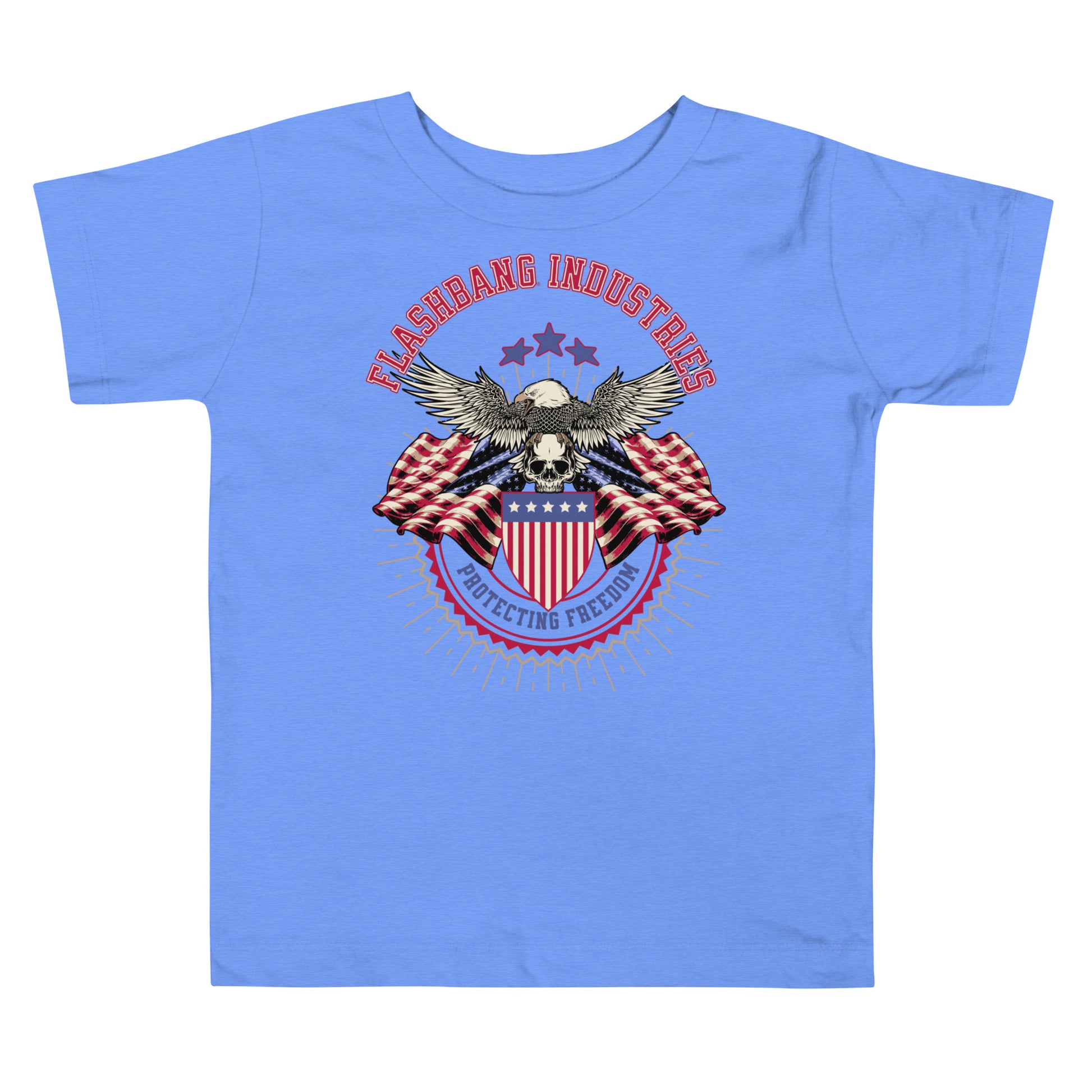Blue t-shirt with a graphic design featuring an eagle and American flag on a white background