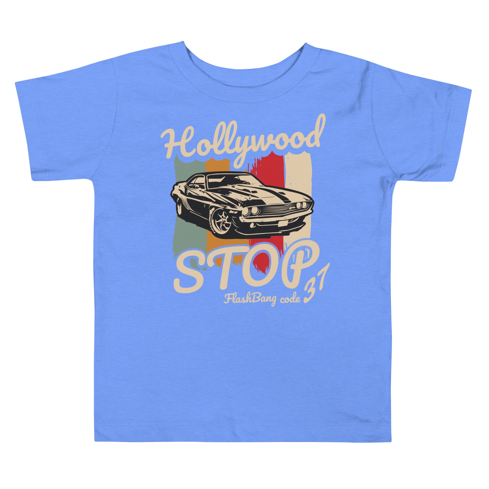 Blue t-shirt with a vintage car graphic and text on a white background