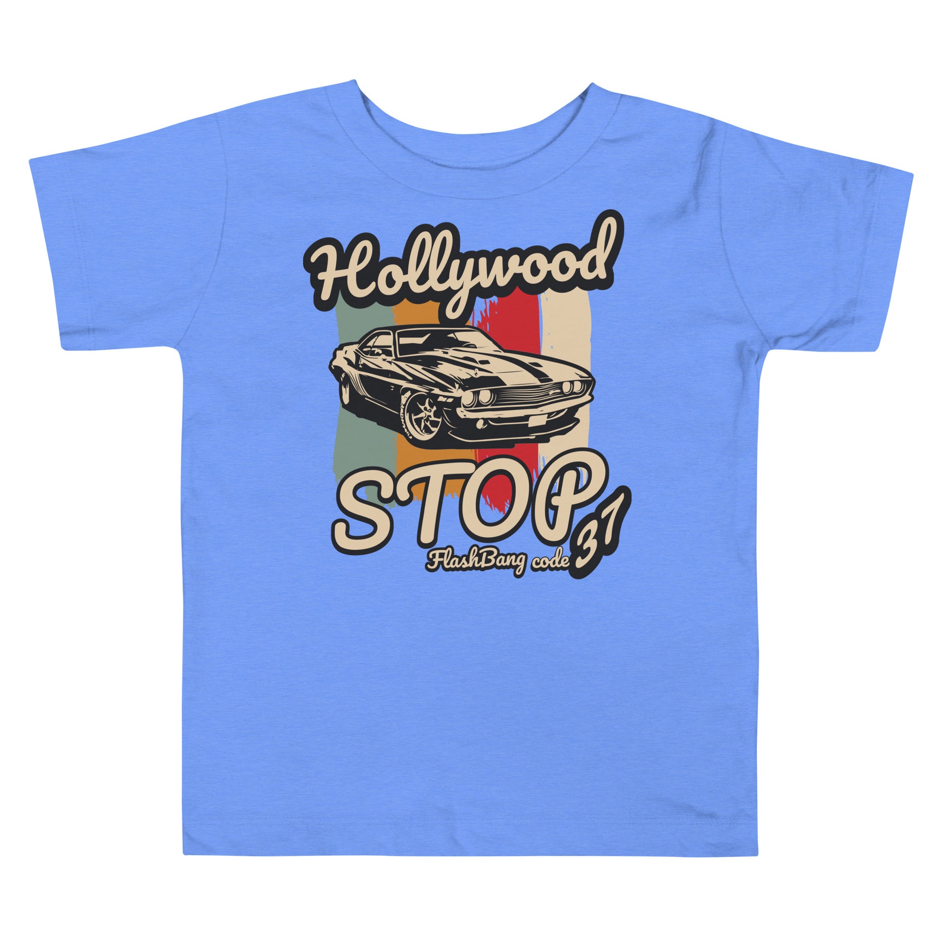 Blue t-shirt with a vintage car graphic and text on a white background