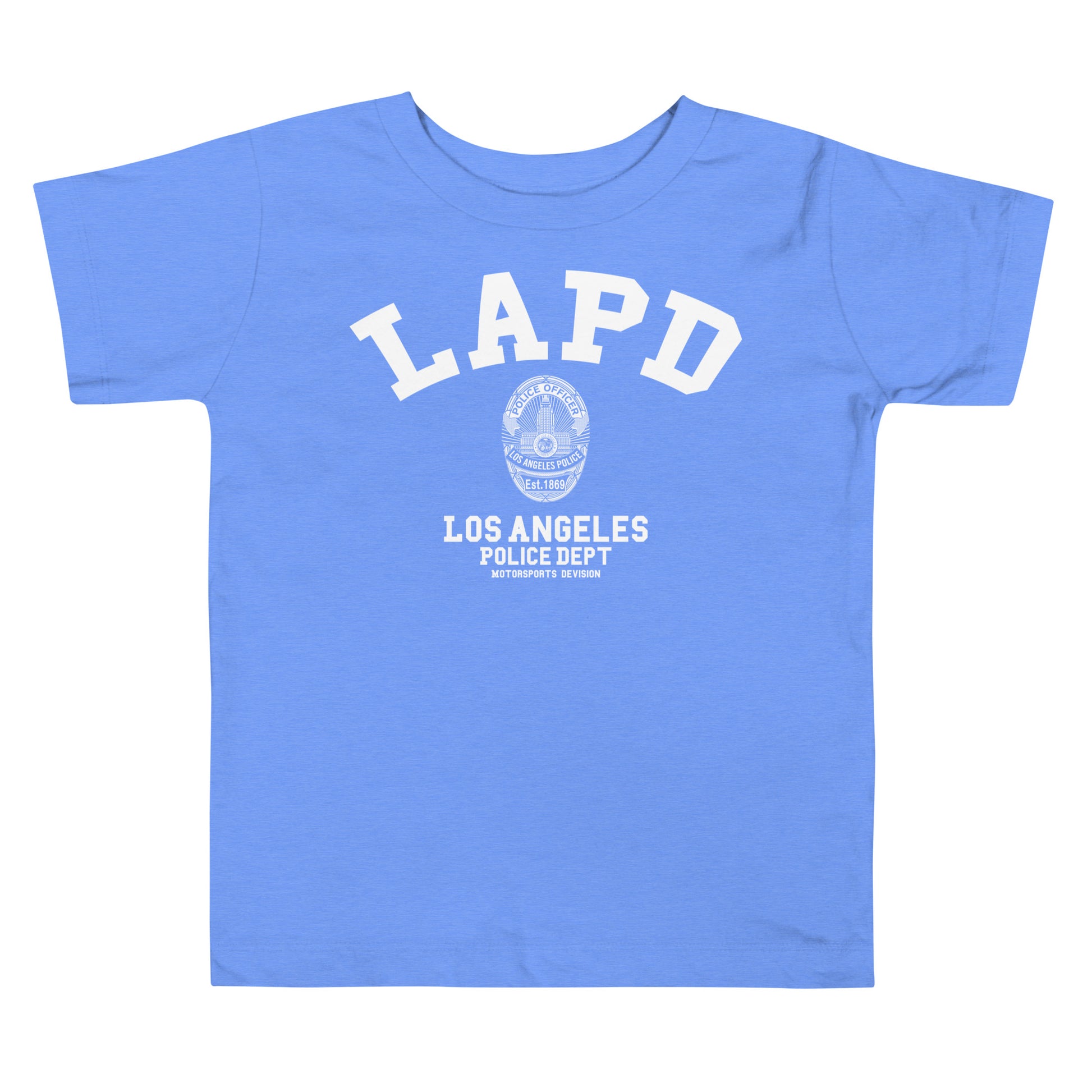 Blue t-shirt with LAPD Los Angeles Police Dept logo on a white background