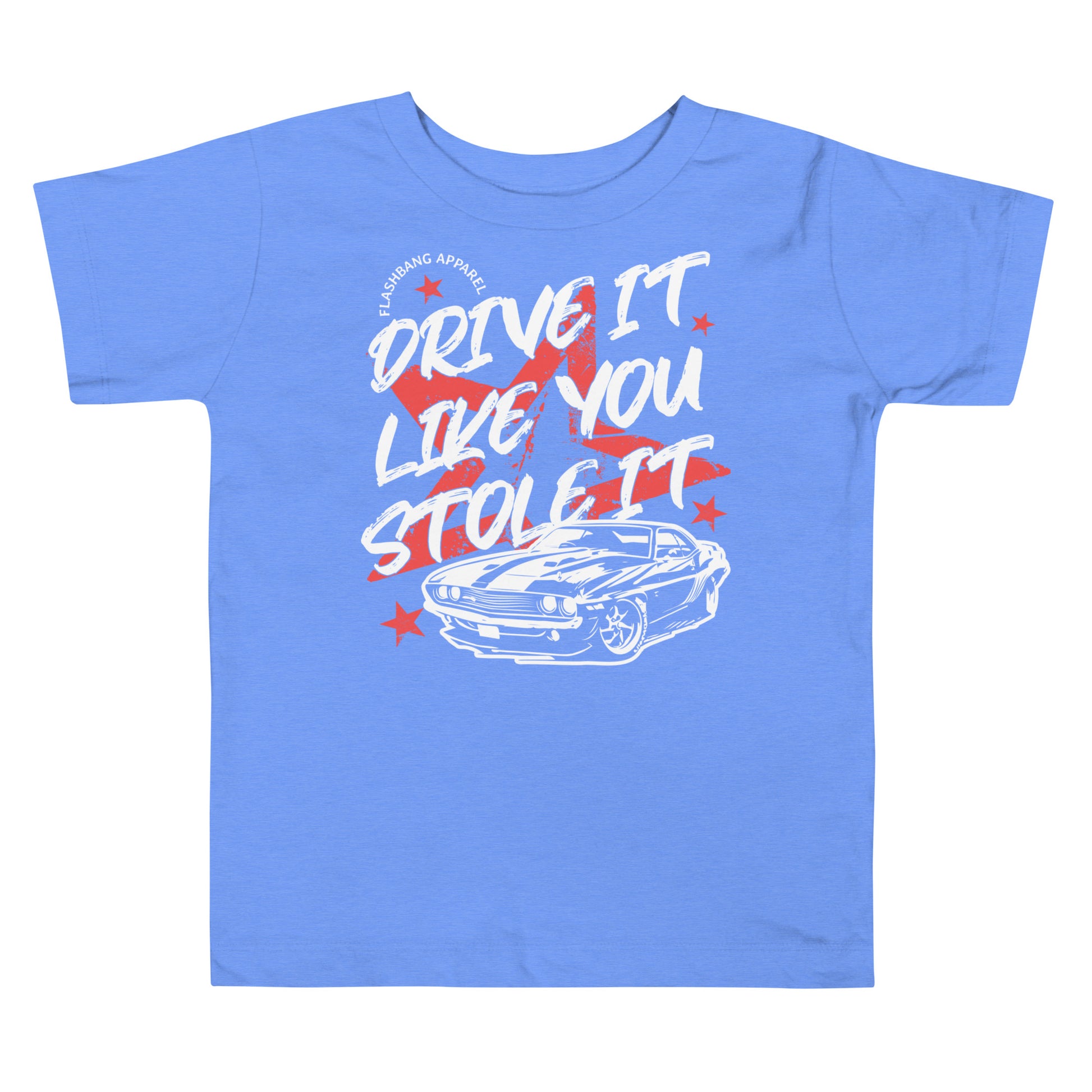 Blue t-shirt with graphic design and text on a white background