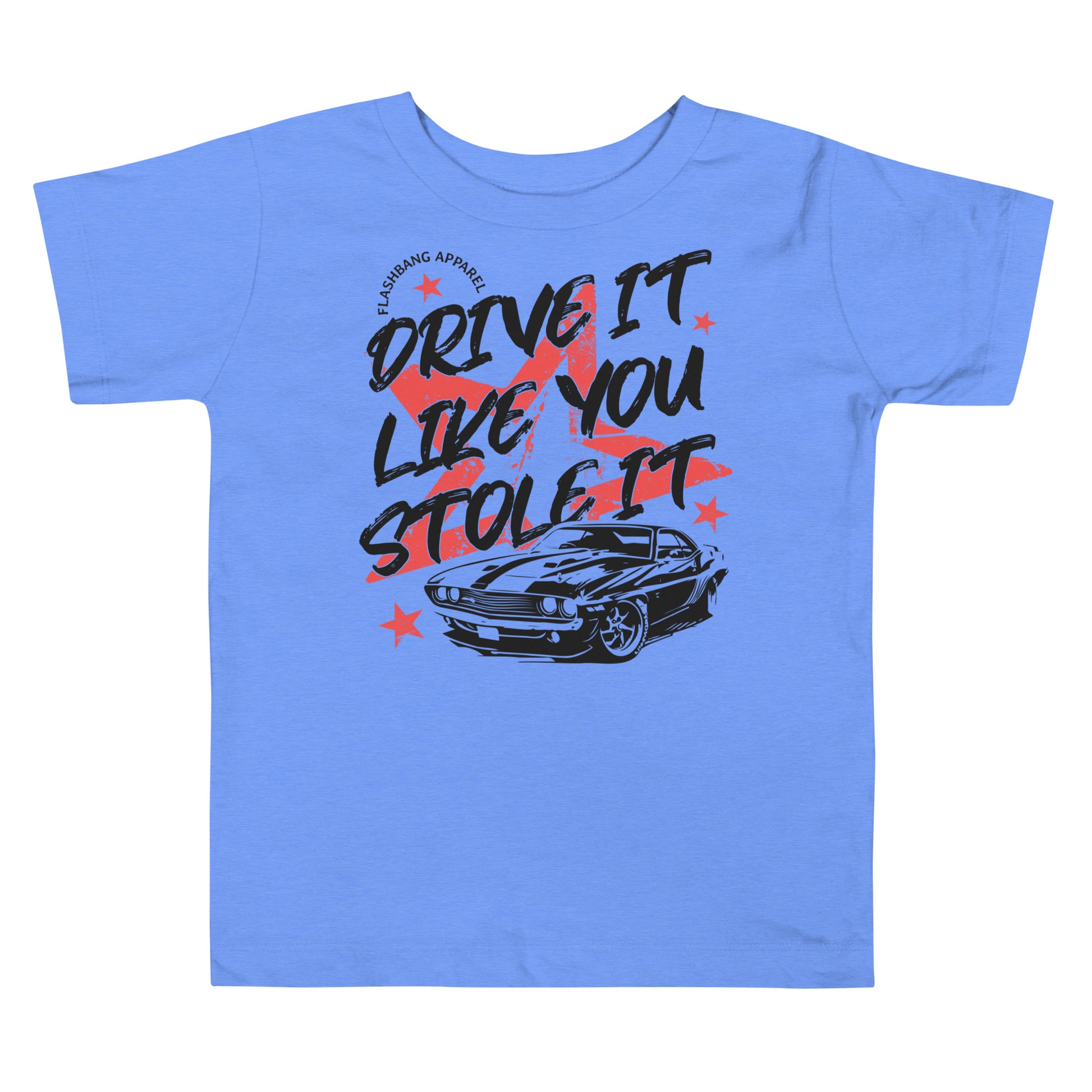 Blue t-shirt with car graphic and text on a white background