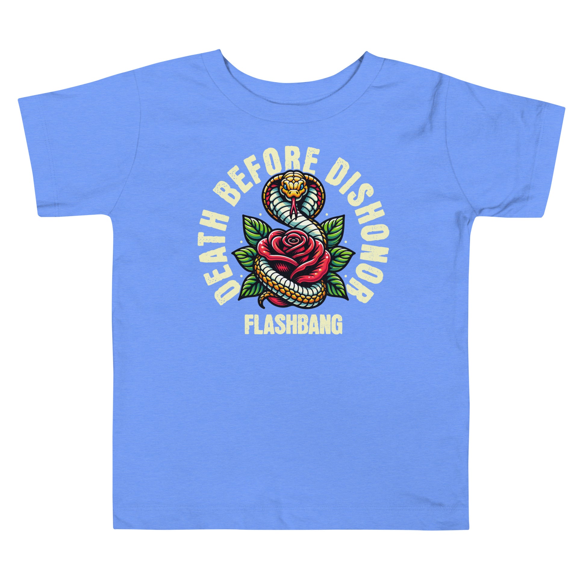 Blue t-shirt with snake and rose graphic and text on a white background
