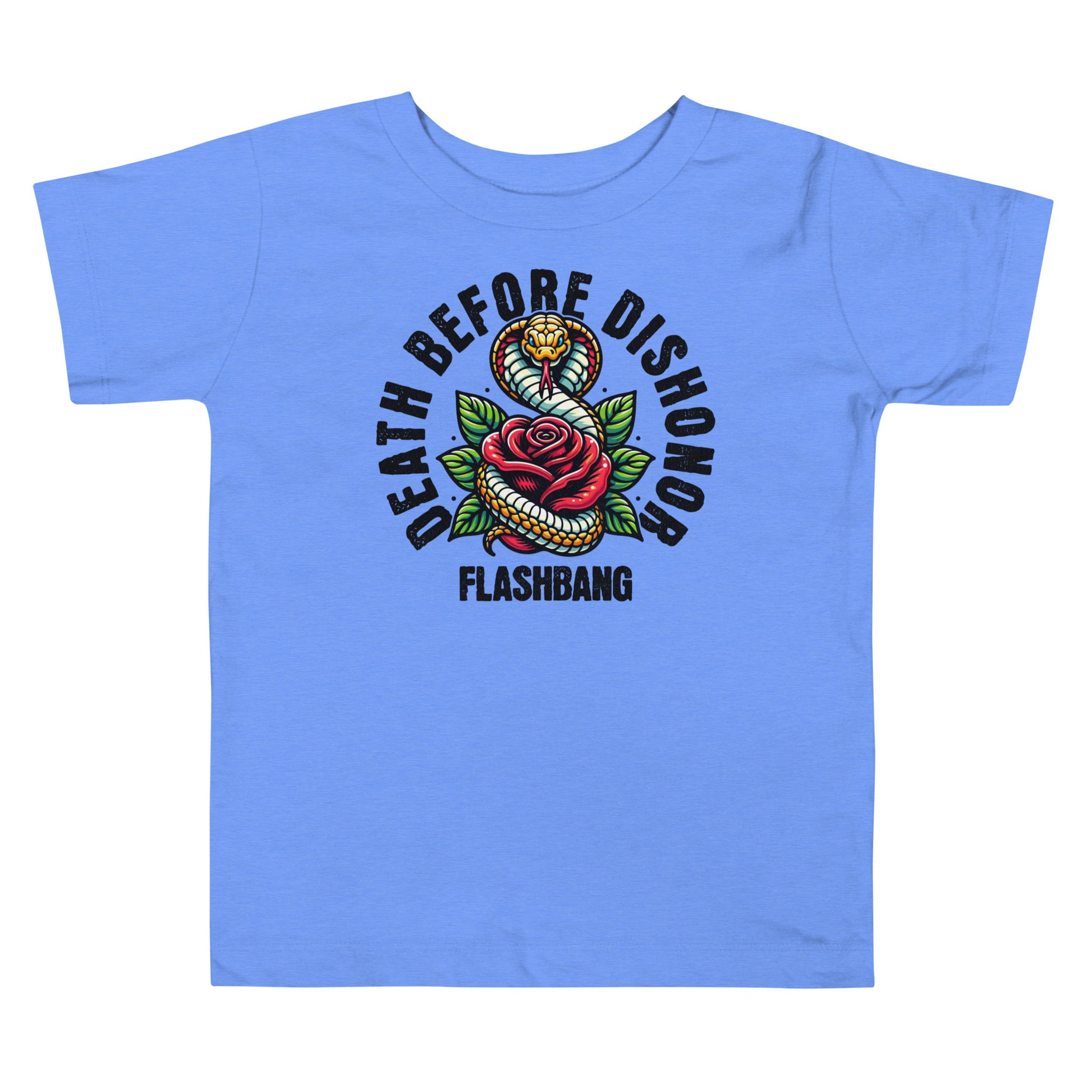 Blue t-shirt with a graphic design featuring a snake, rose, and text on a white background
