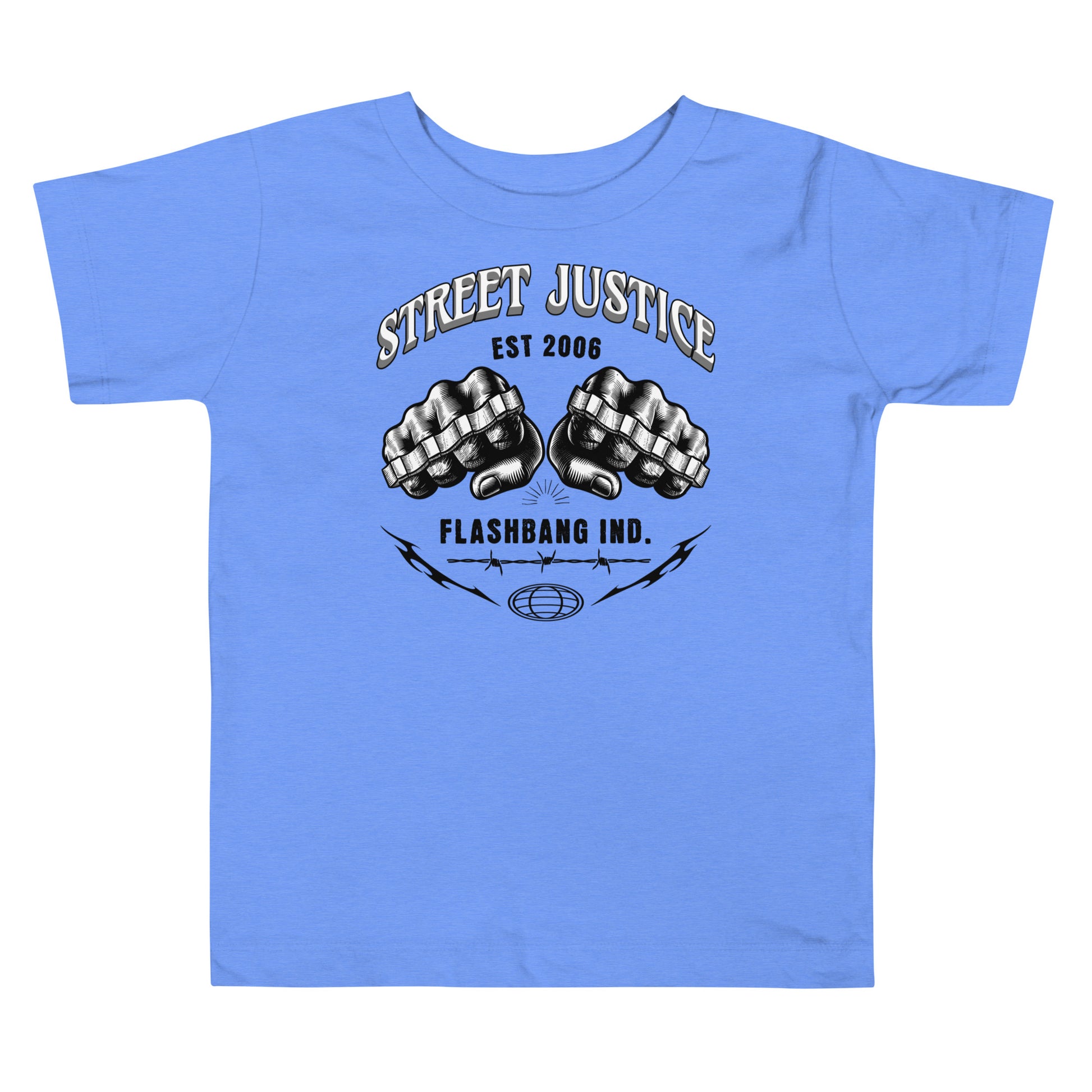 Blue t-shirt with 'Street Justice' graphic design on a white background