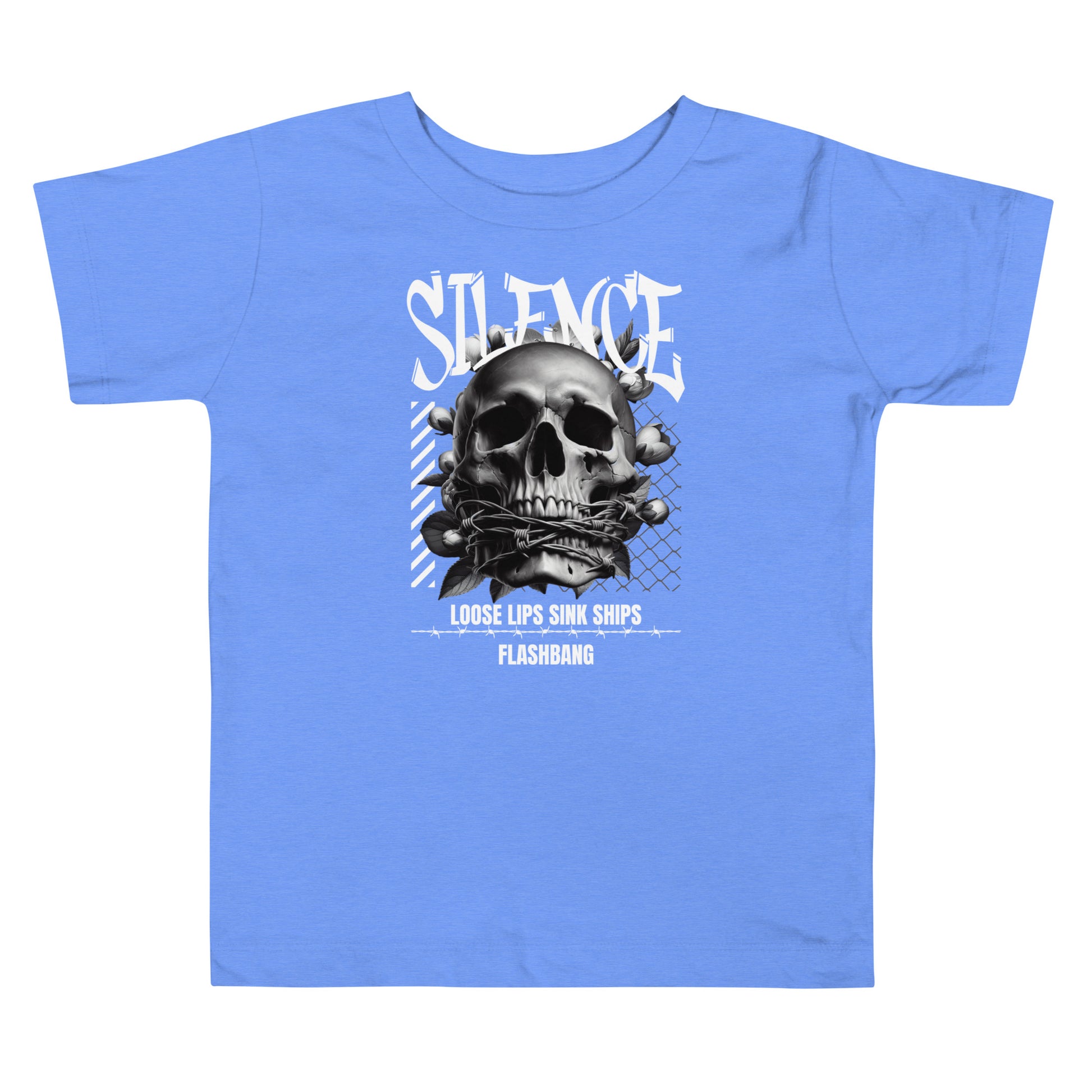 Blue t-shirt with a skull graphic and text on a white background