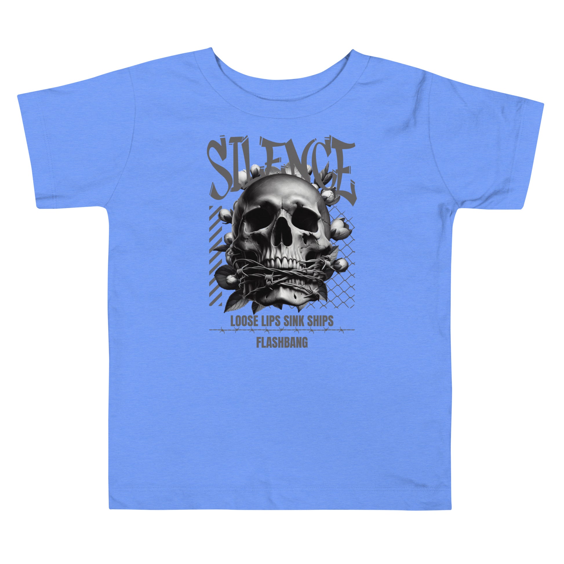 Blue t-shirt with a skull graphic and text on a white background