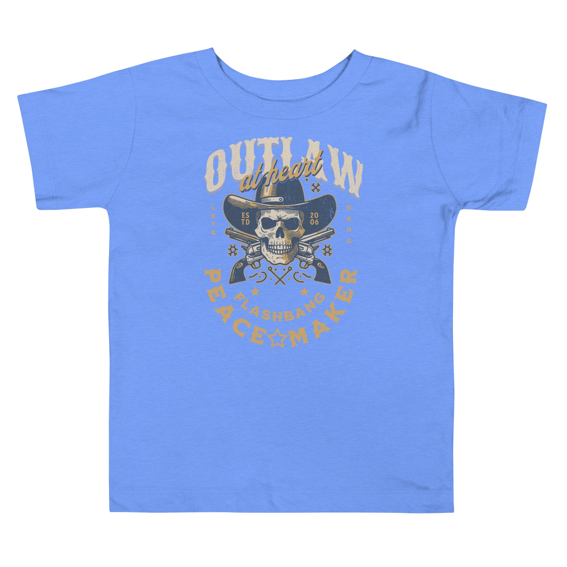 Blue t-shirt with a graphic design featuring a skull, hat, and text on a white background