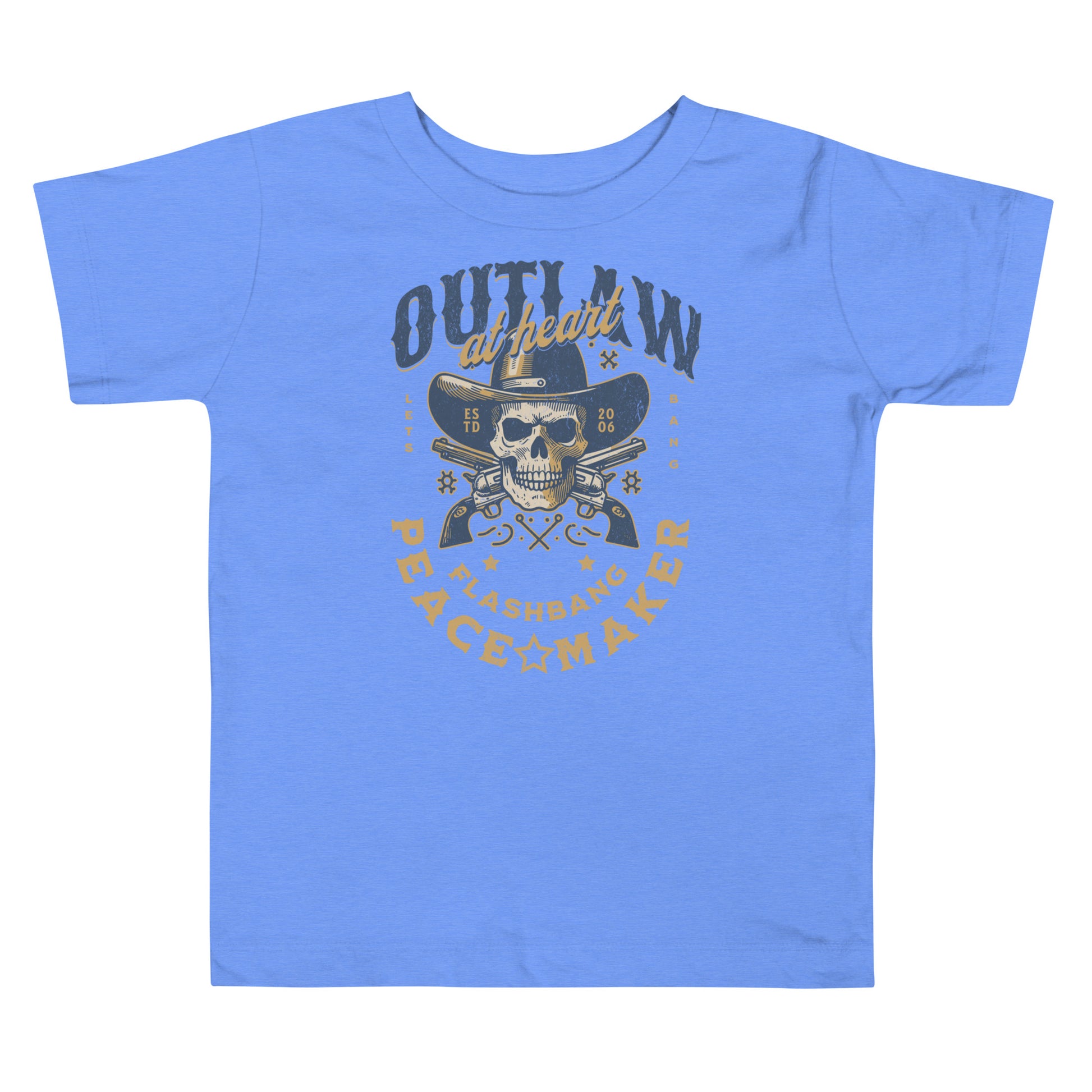 Blue t-shirt with skull and hat graphic and text on a white background
