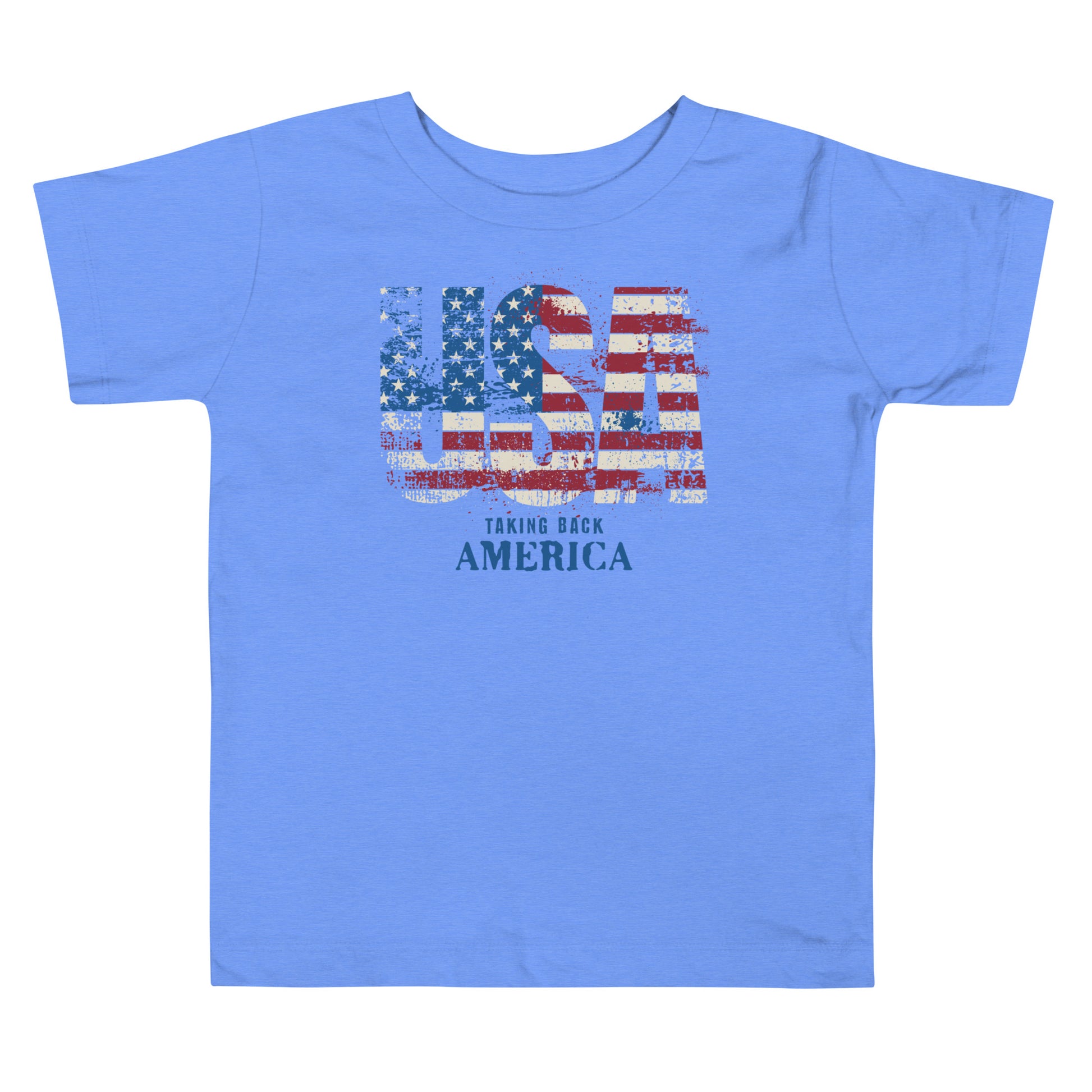 Blue t-shirt with American flag design and text on a white background