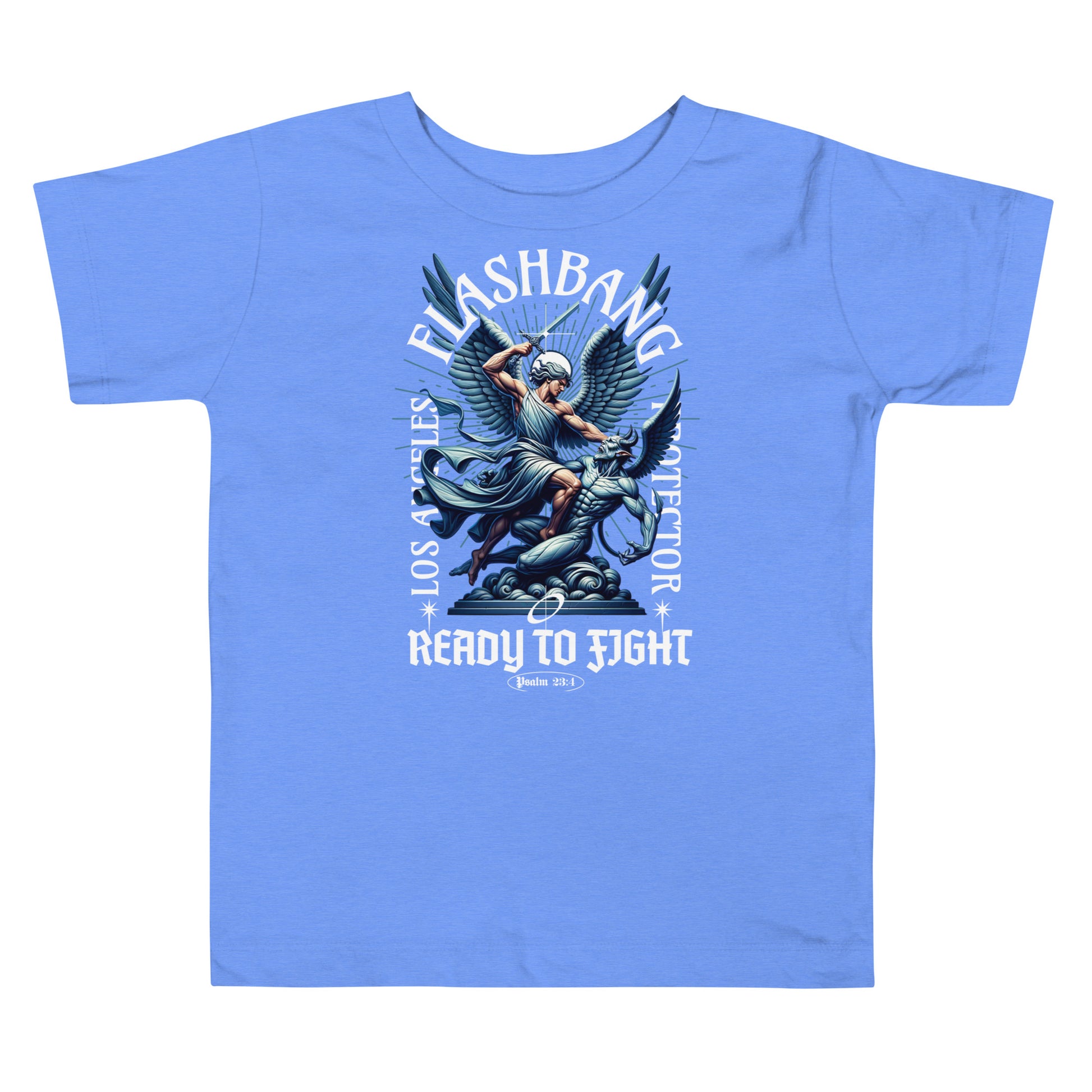 Blue t-shirt with graphic design and text on a white background