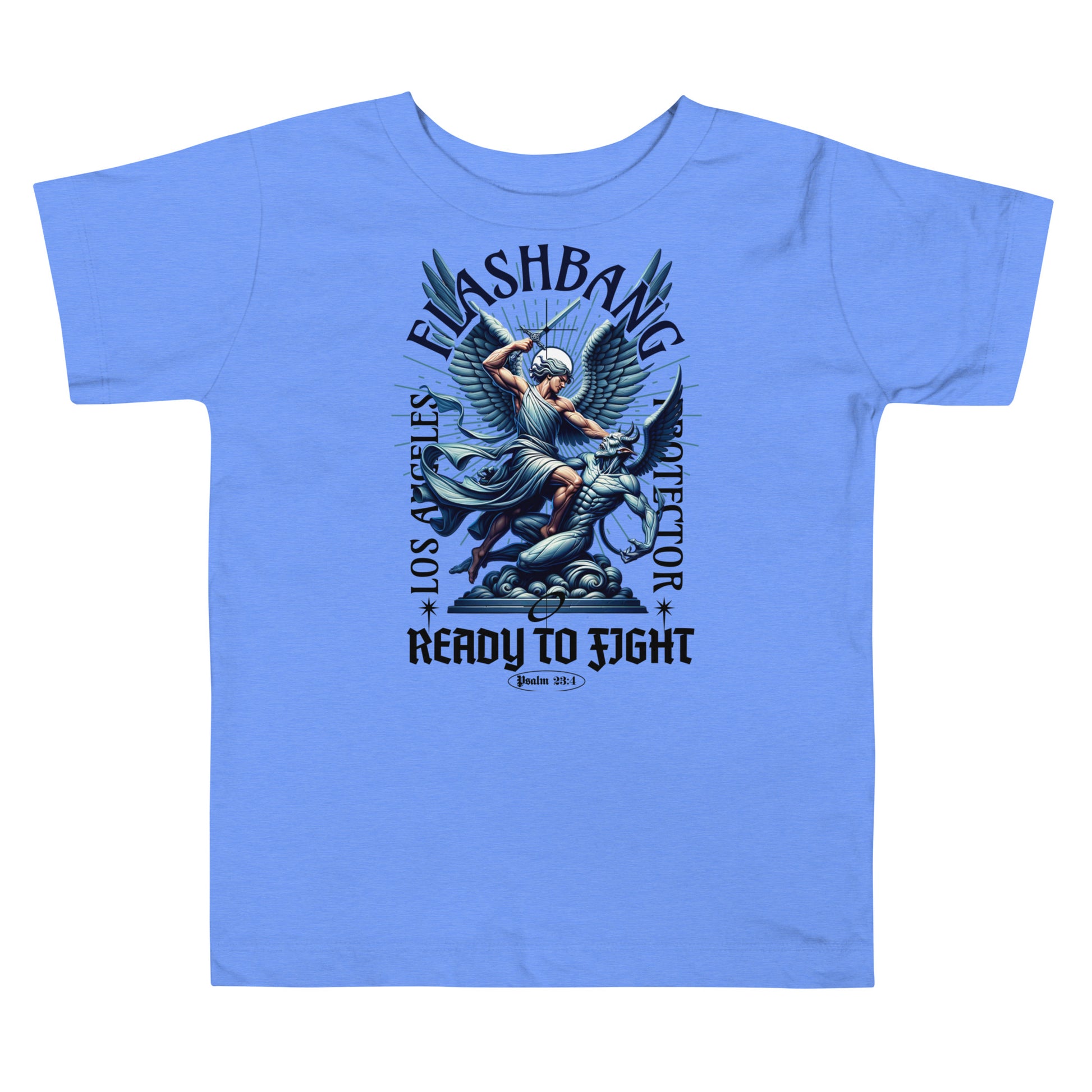 Blue t-shirt with graphic design and text on a white background