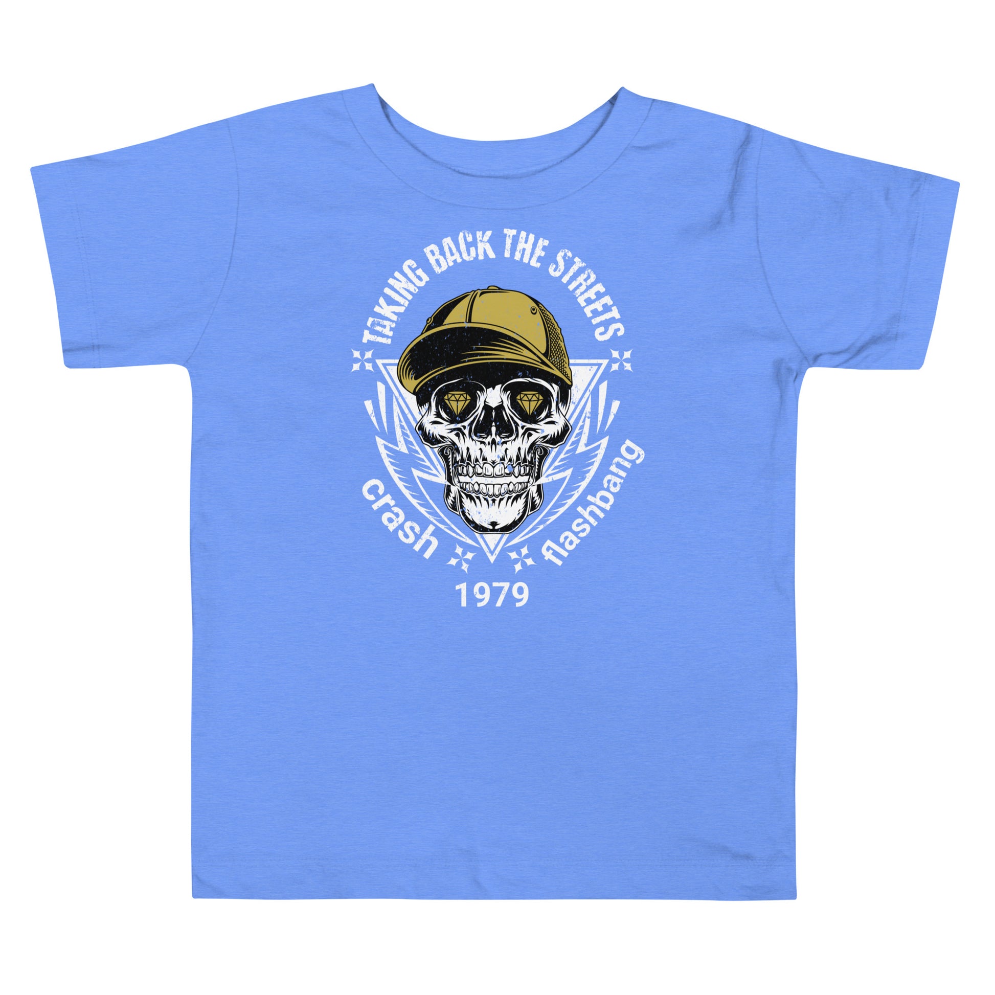 Blue t-shirt with a skull and cap graphic and text on a white background