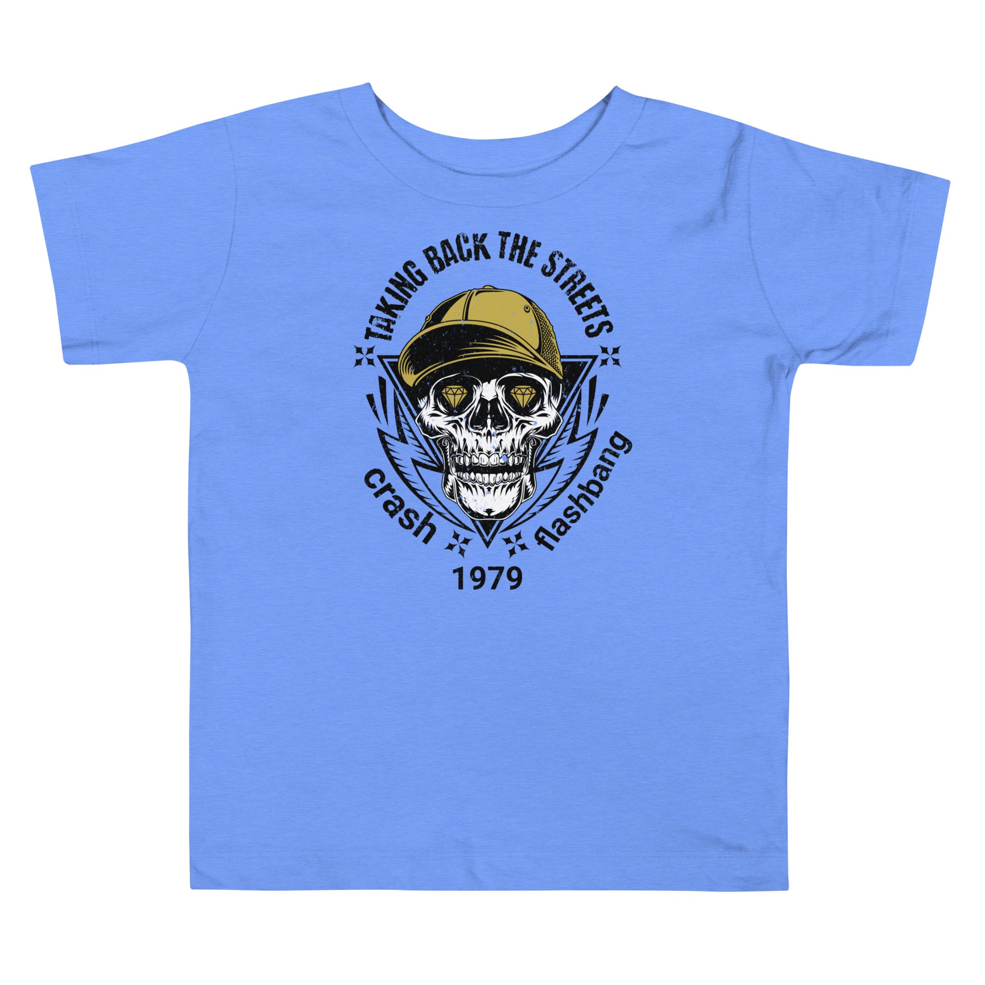 Blue t-shirt with a skull and cap graphic and text on a white background