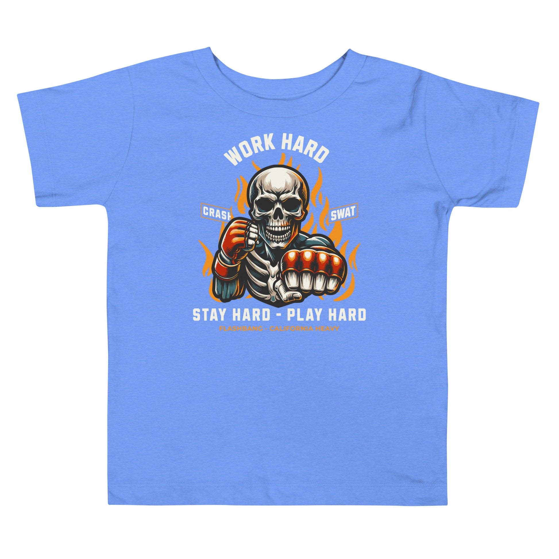 Blue t-shirt with a skeleton graphic and motivational text on a white background