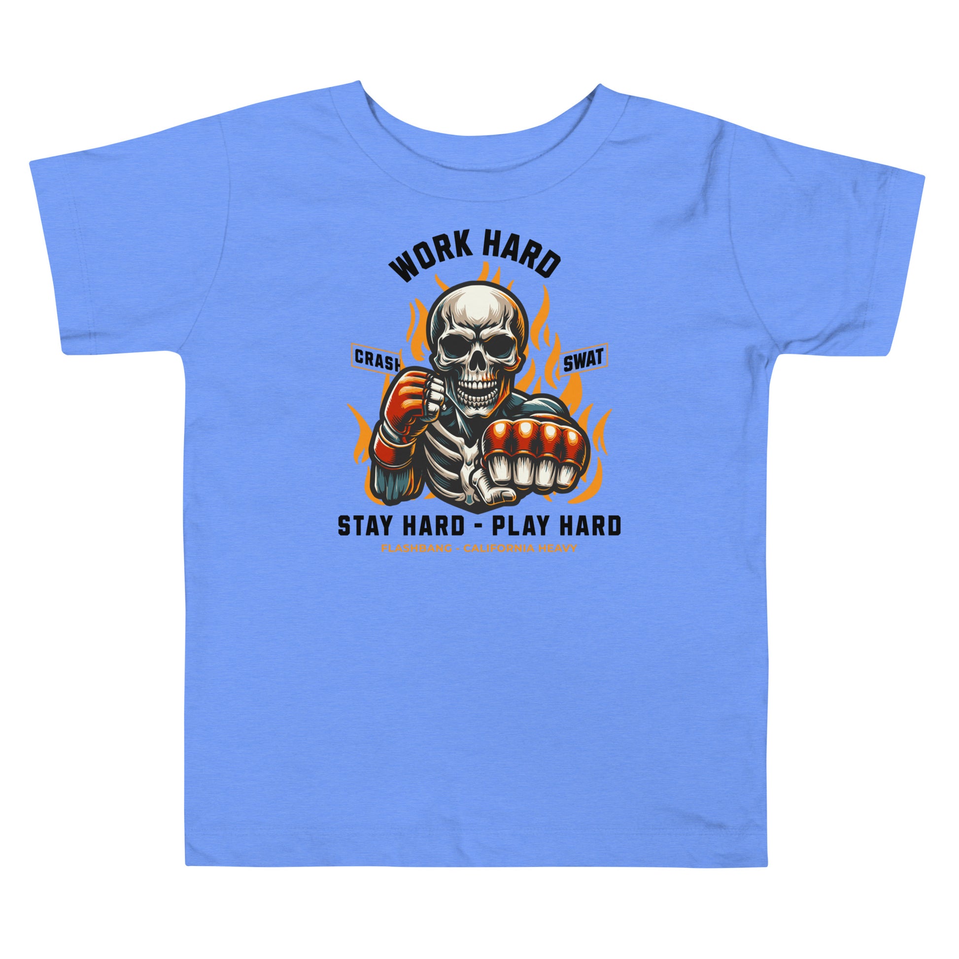 Blue t-shirt with a graphic design featuring a skeleton and text on a white background