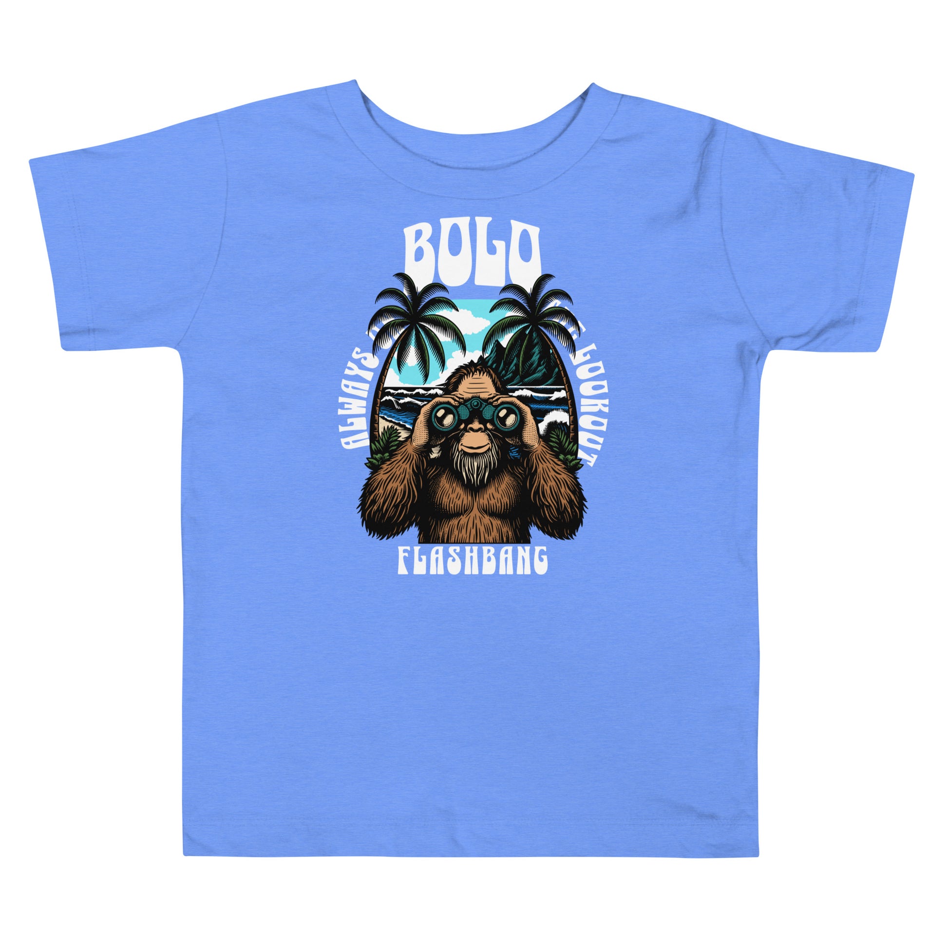 Blue t-shirt with a bear graphic and text on a white background