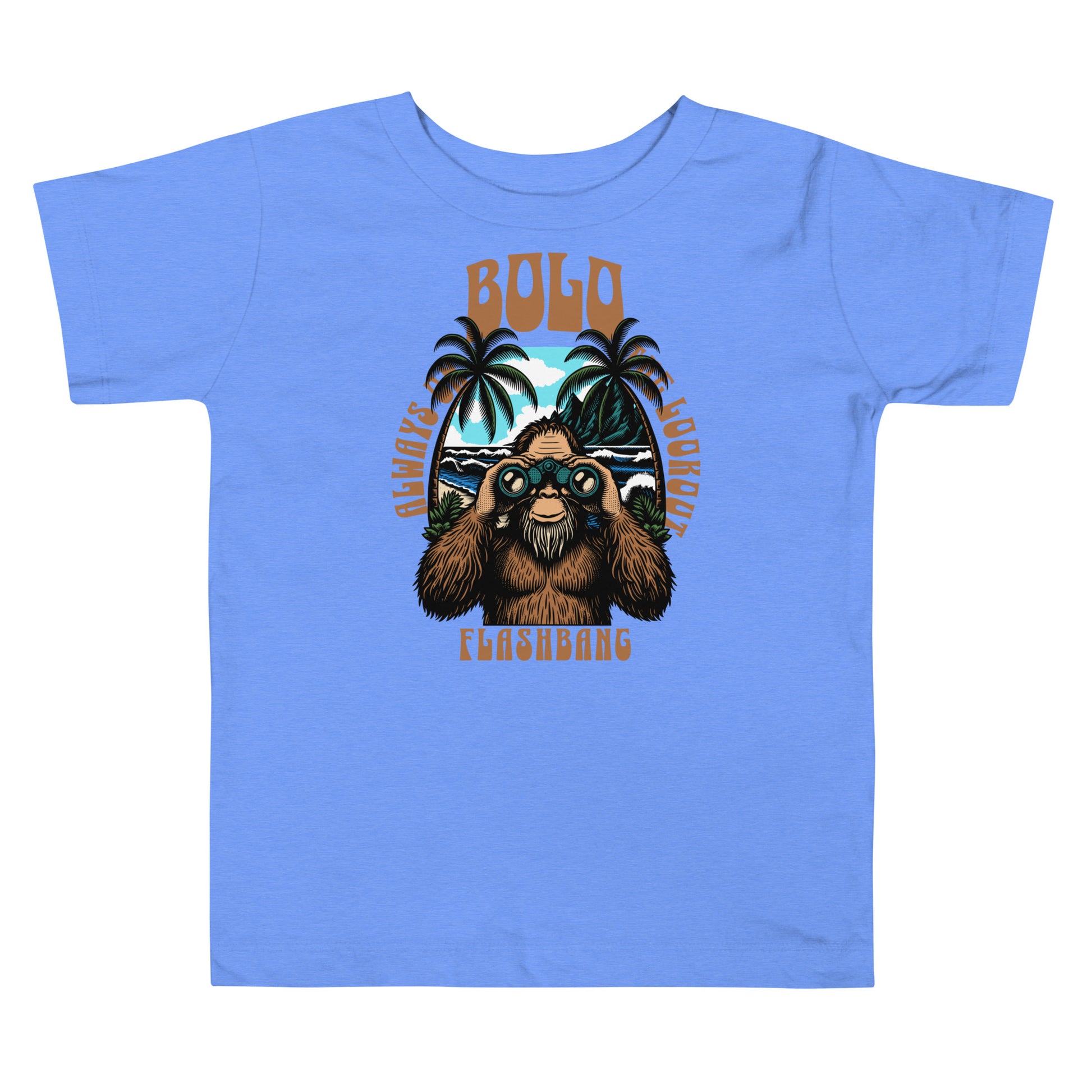 Blue t-shirt with a bear graphic and text on a white background