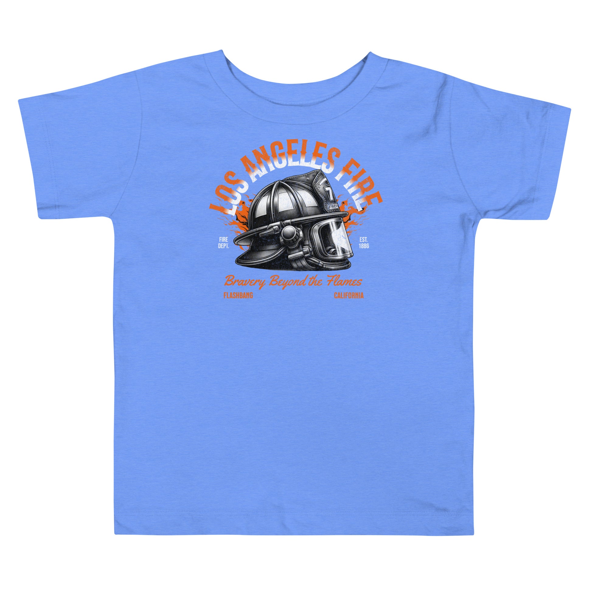 Blue t-shirt with a fire helmet graphic and text on a white background
