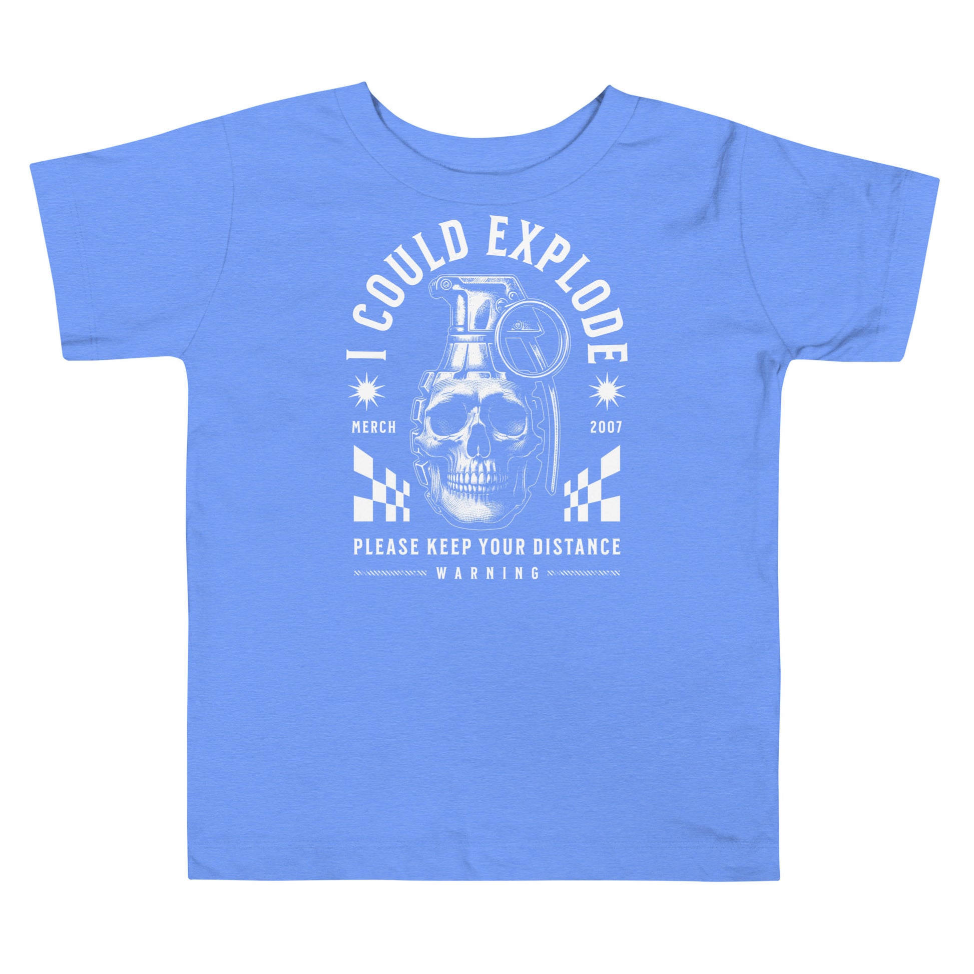 Blue t-shirt with a skull and text design on a white background