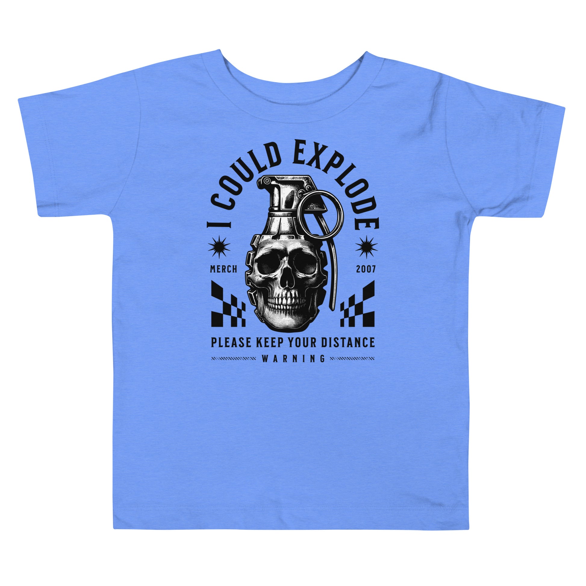 Blue t-shirt with a graphic design featuring a skull and grenade on a white background