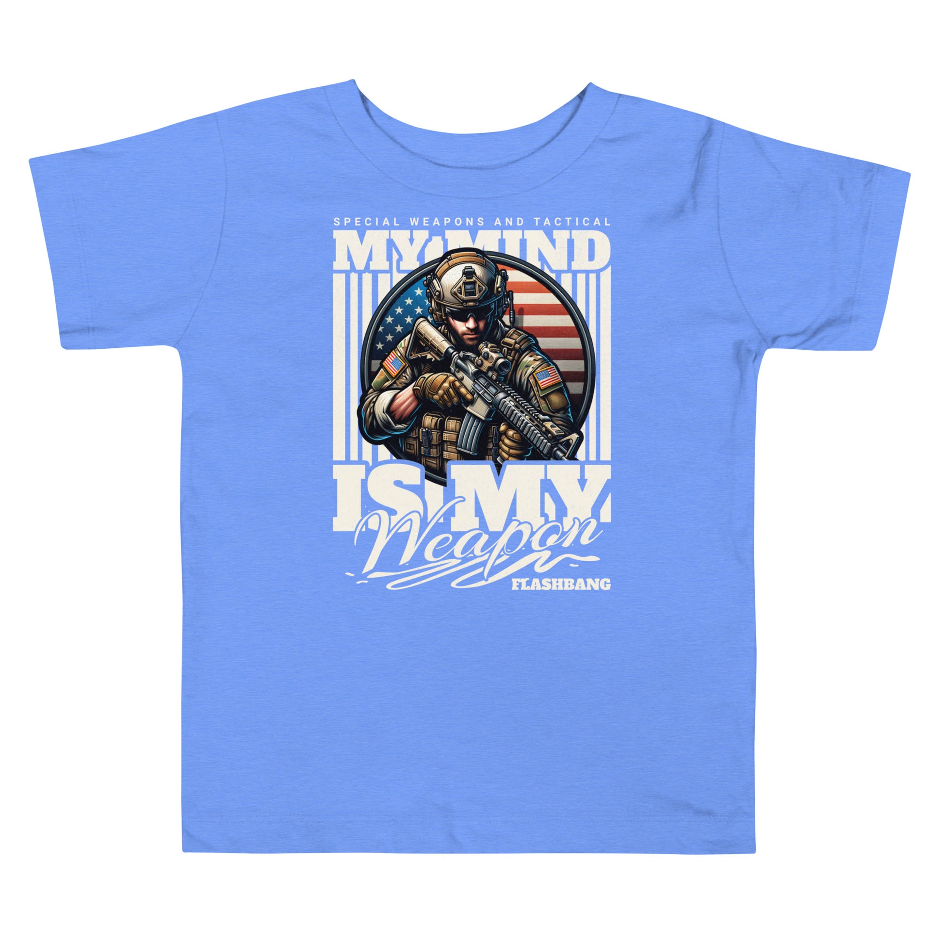 Blue t-shirt with graphic design of a soldier and text on a white background