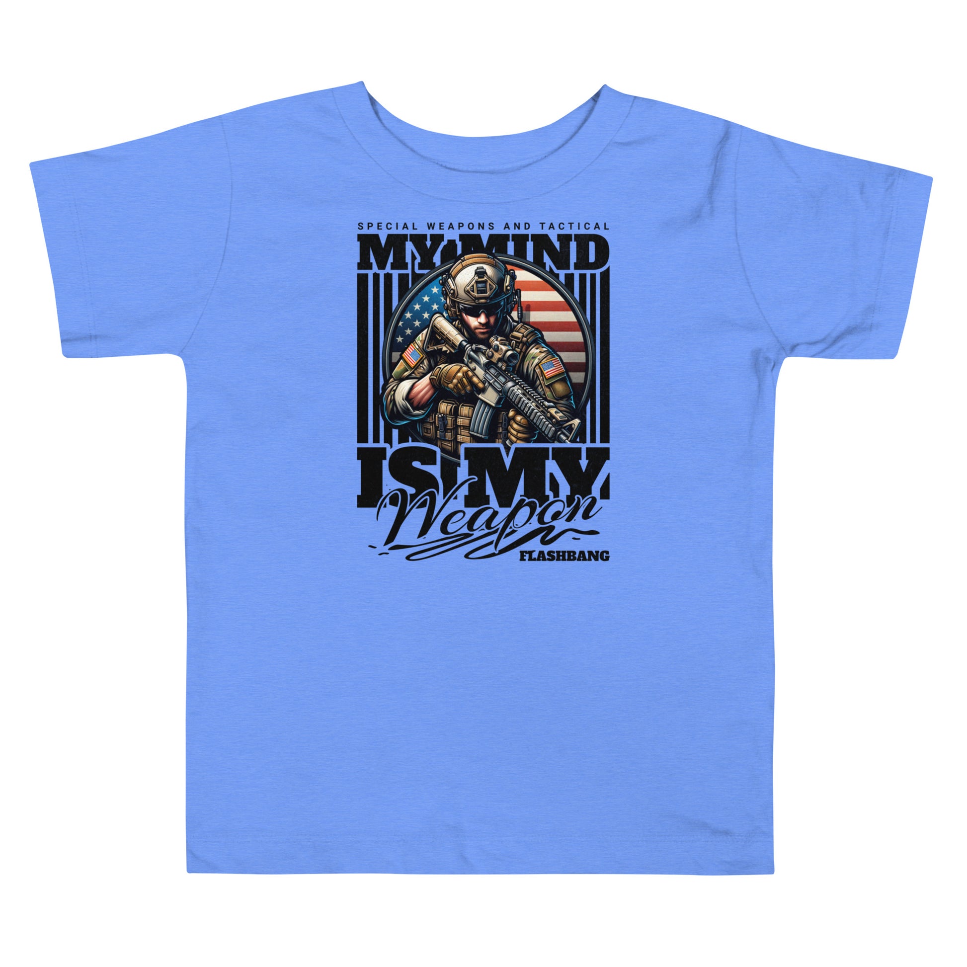 Blue t-shirt with graphic design featuring a soldier and text on a white background