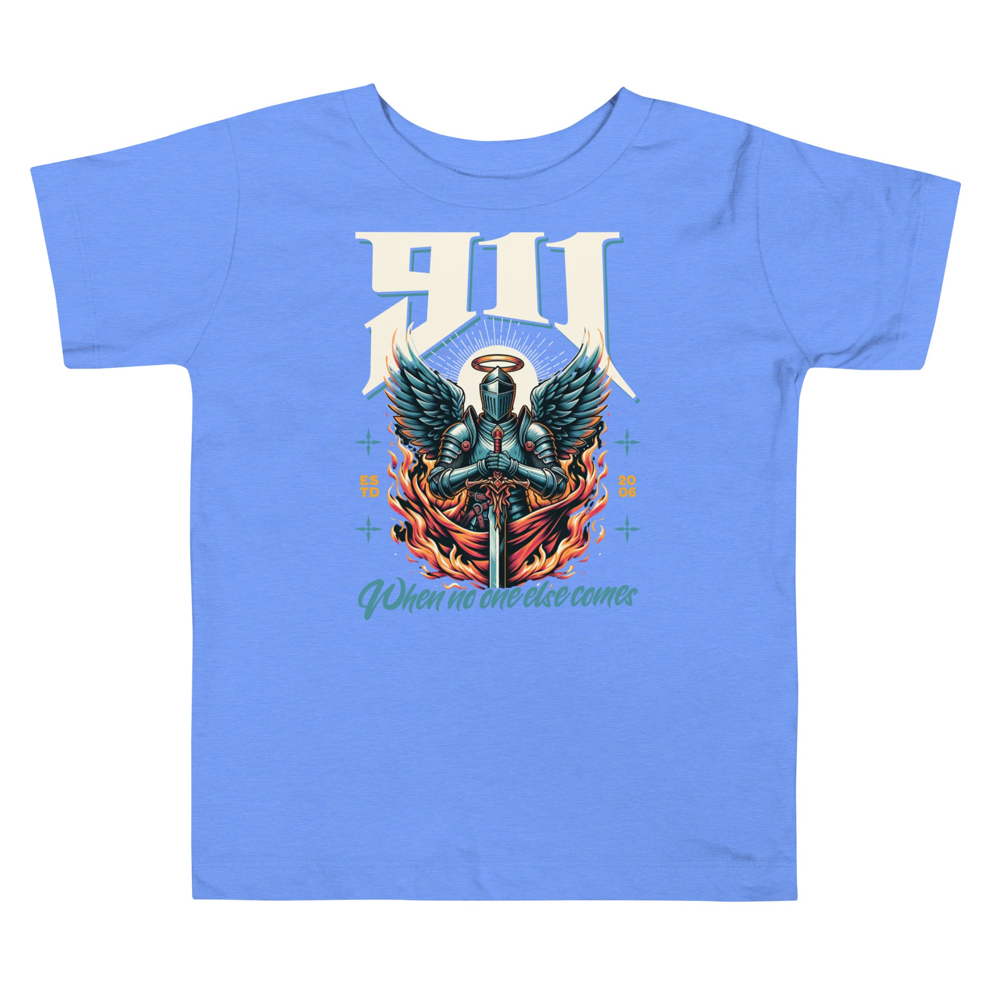 Blue t-shirt with a graphic design of an angelic figure holding a sword on a white background