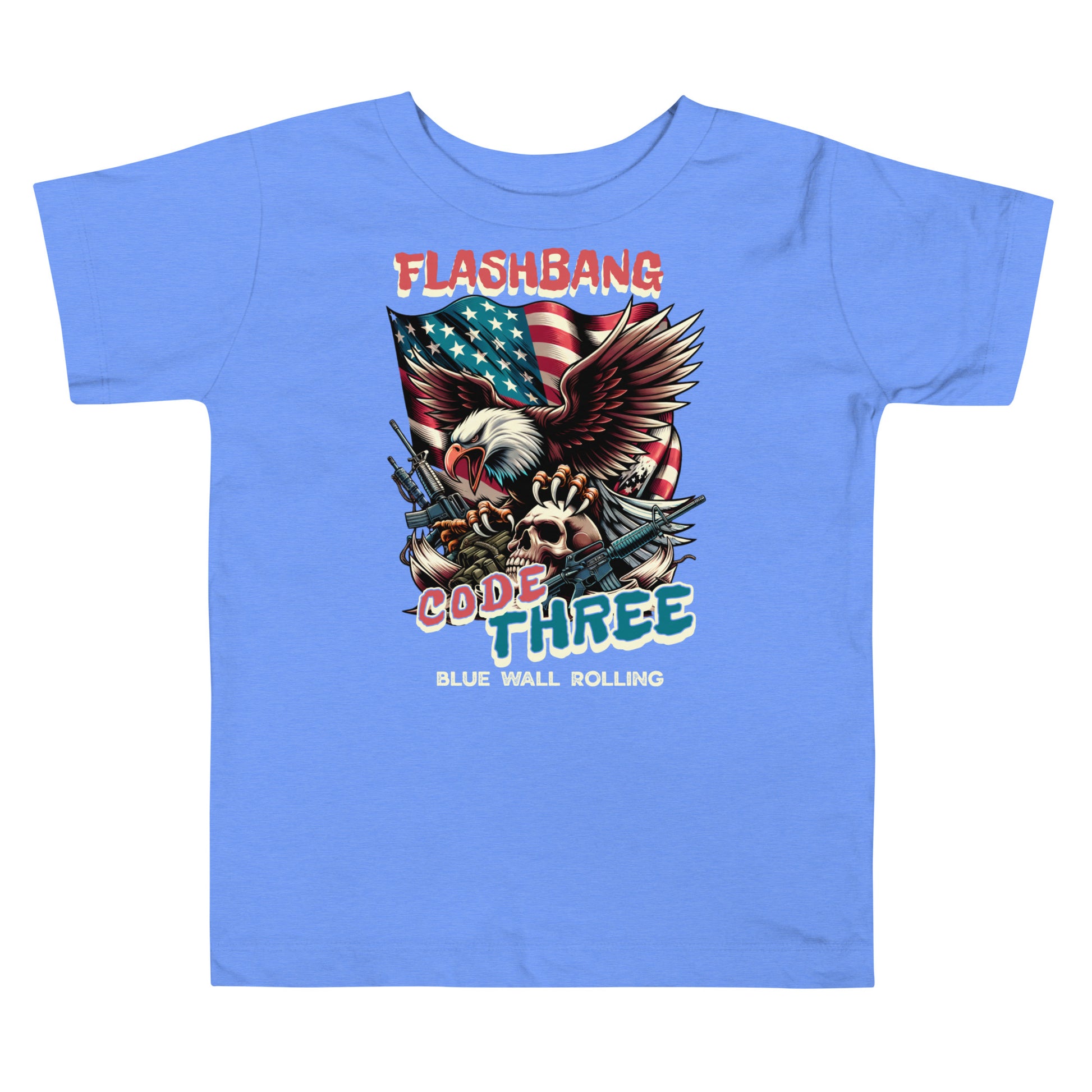 Blue t-shirt with graphic design featuring an eagle, American flag, and text on a white background