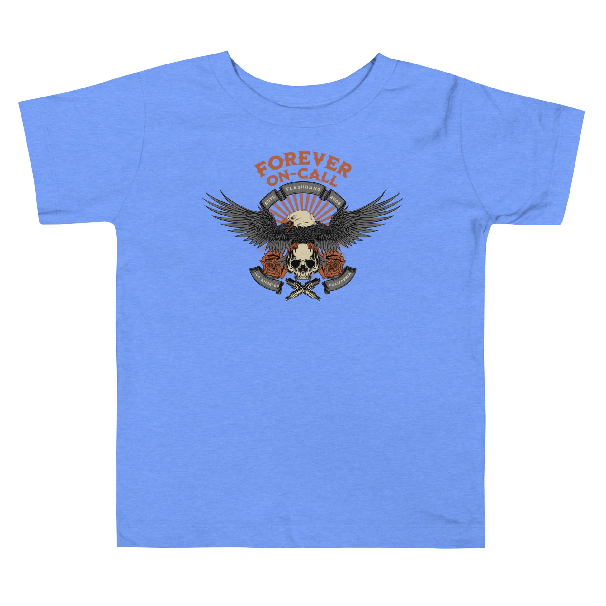 Blue t-shirt with an eagle graphic and text on a white background