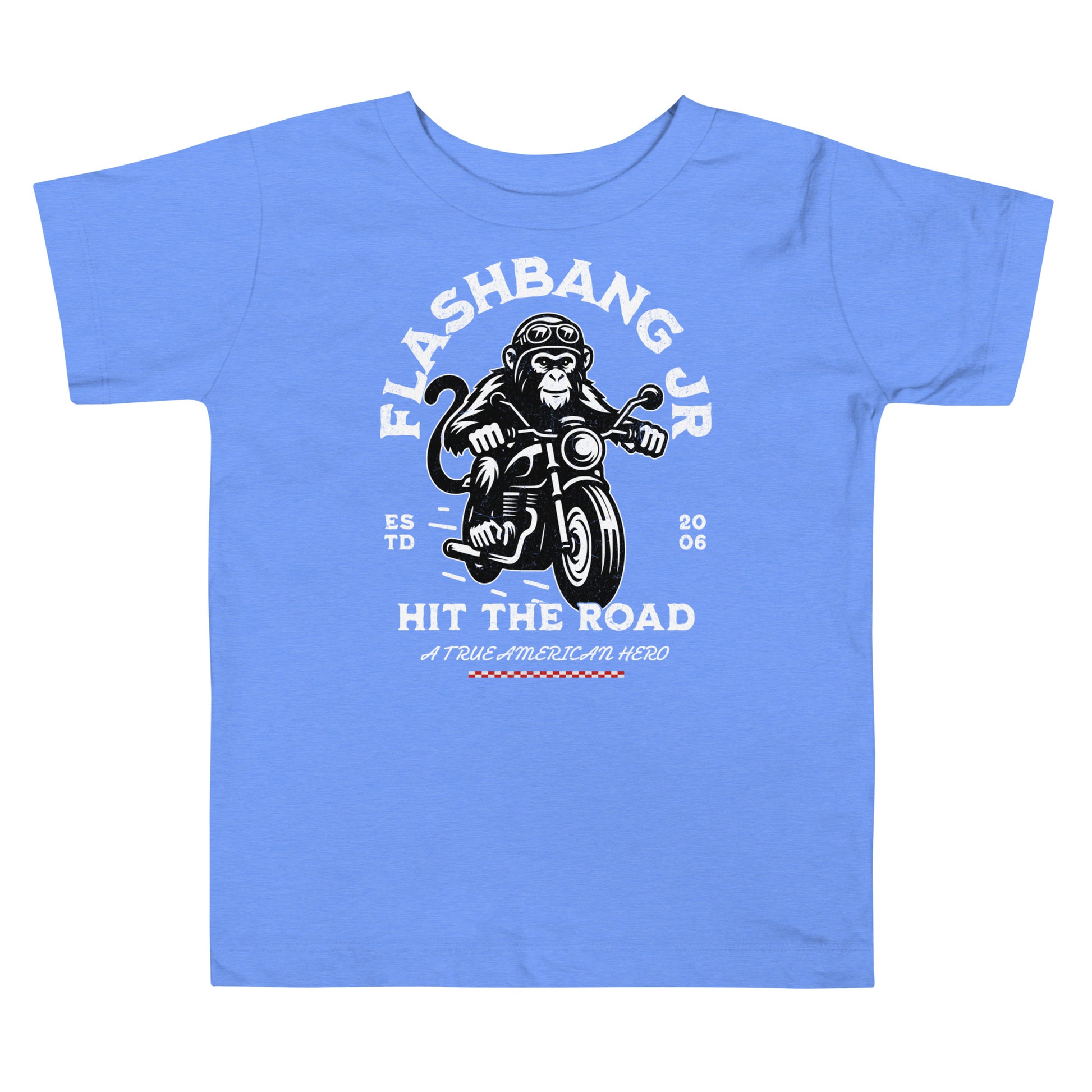 Blue t-shirt with a graphic design of a monkey on a motorcycle and text on a white background