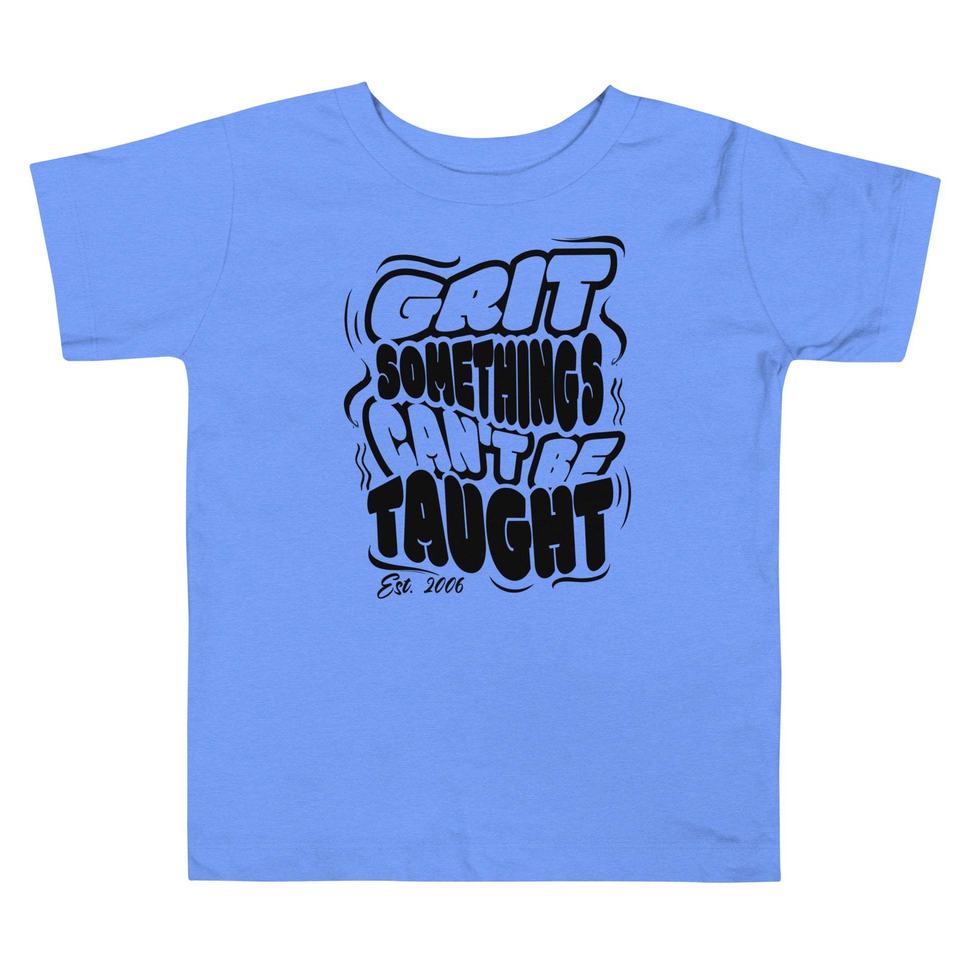 Blue t-shirt with black text design on a white background