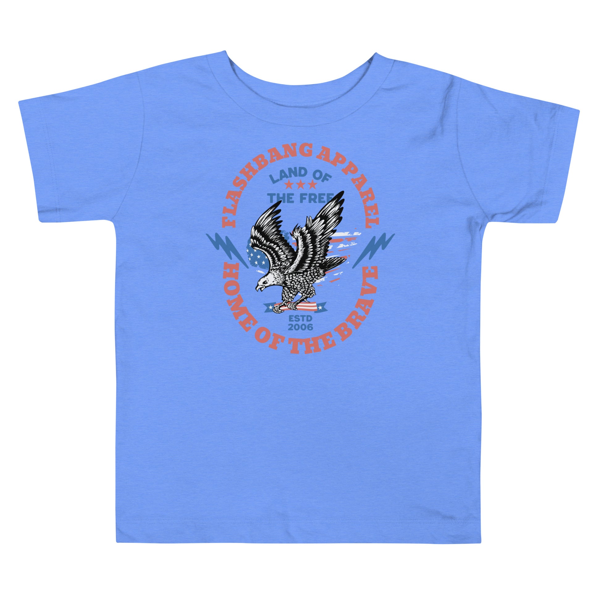Blue t-shirt with an eagle graphic and text on a white background