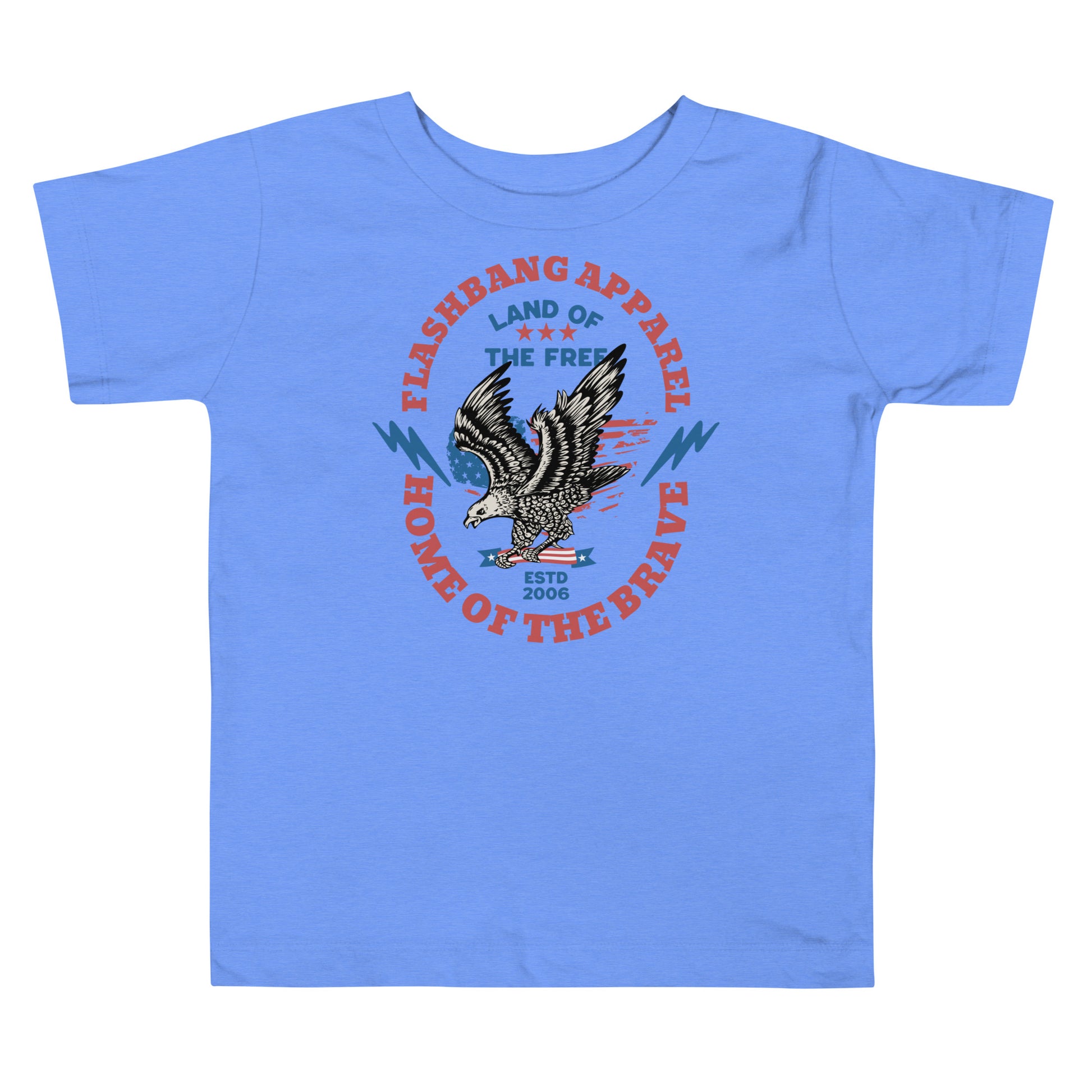 Blue t-shirt with an eagle graphic and text on a white background