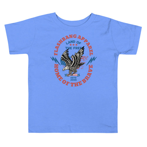 Blue t-shirt with an eagle graphic and text on a white background