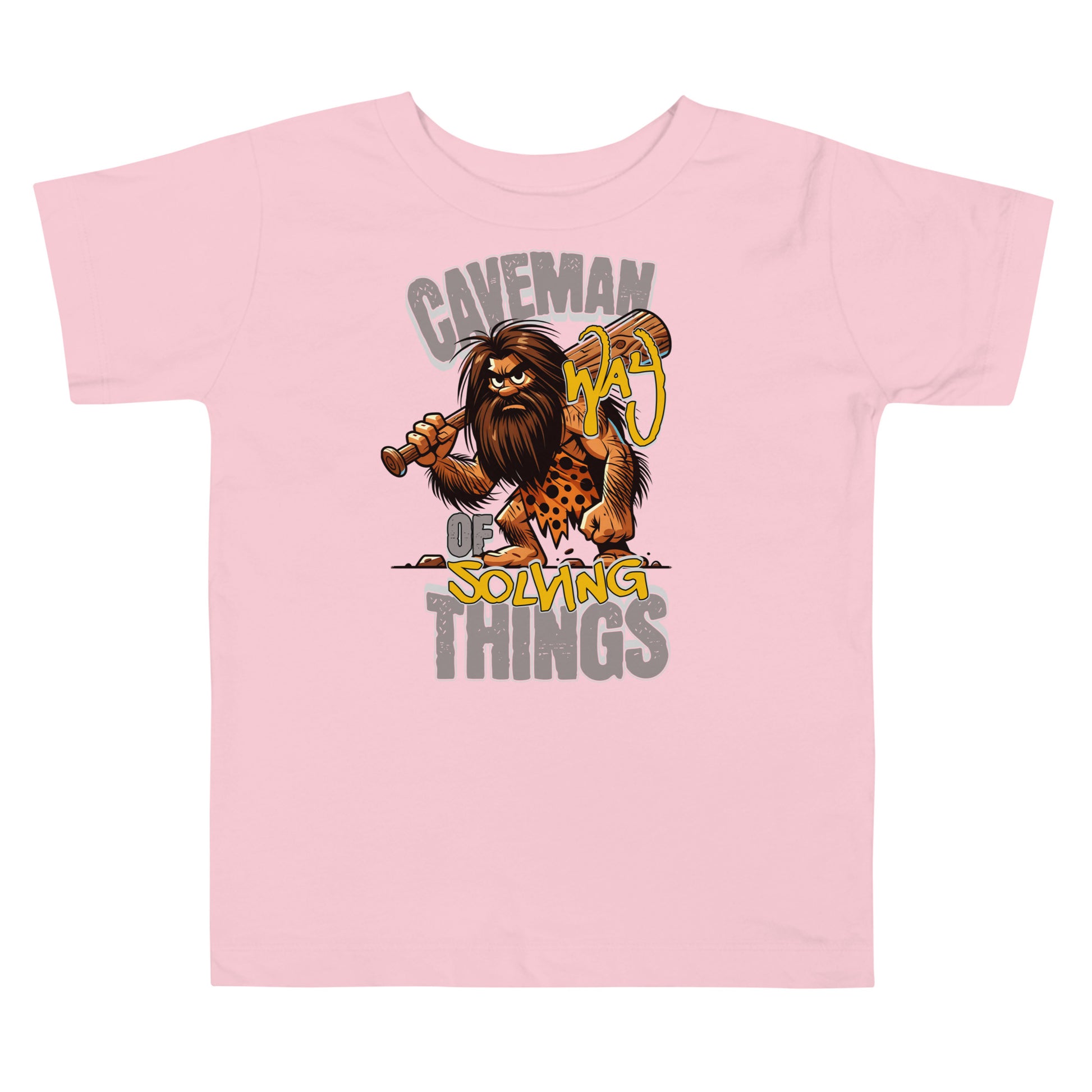 Pink t-shirt with a cartoon caveman design and text on a white background