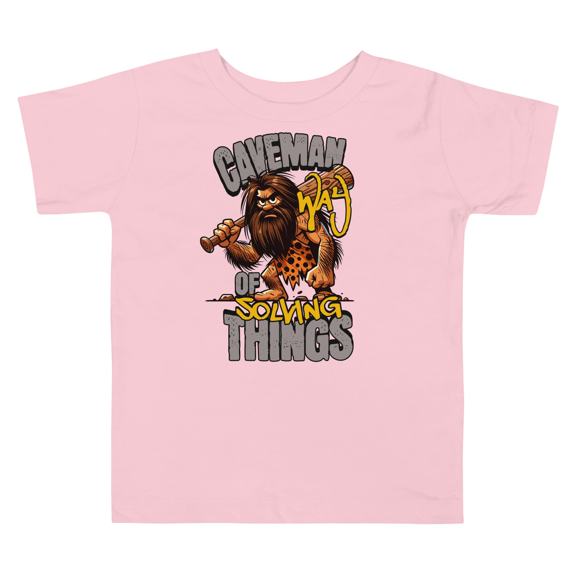 Pink t-shirt with a cartoon caveman design on a white background