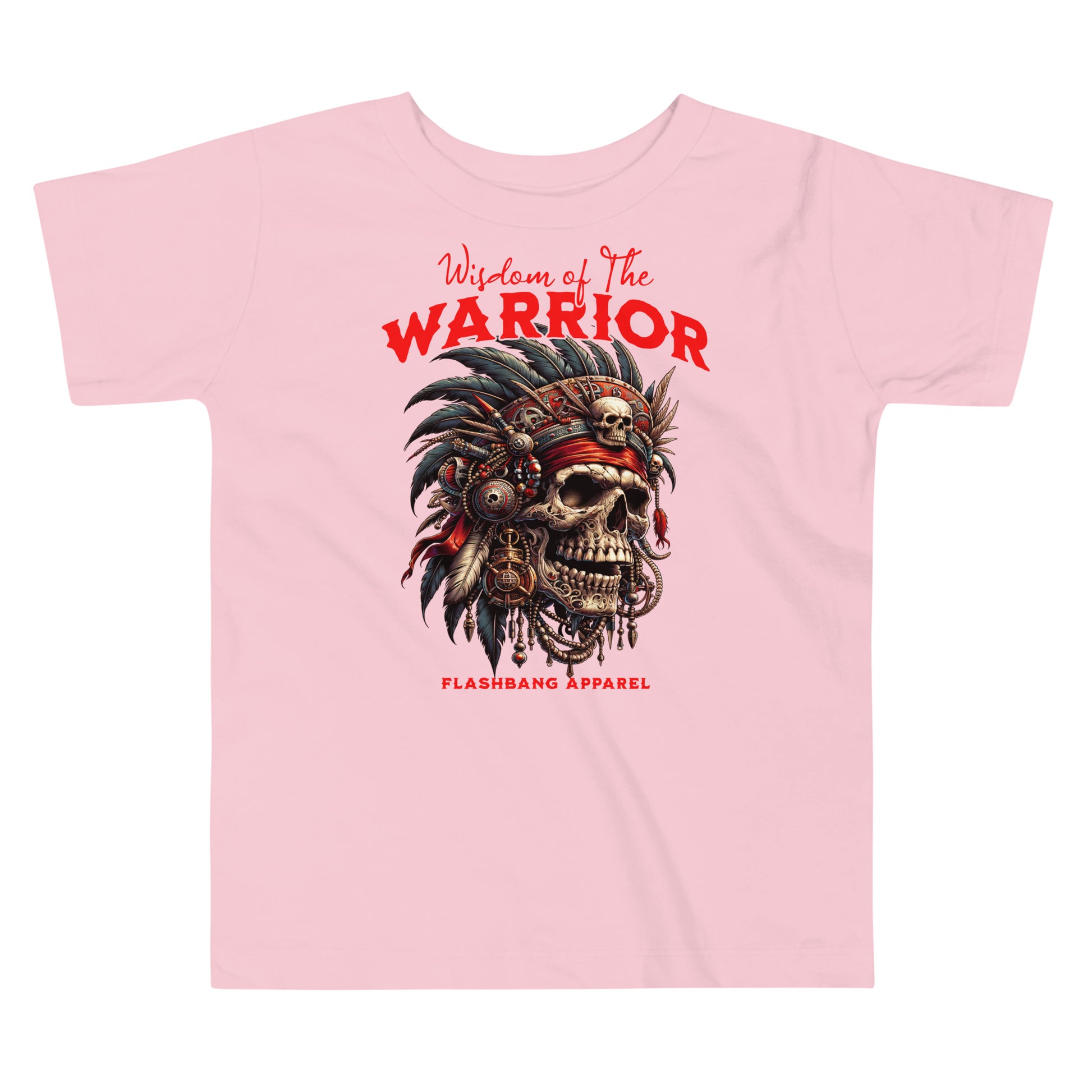Pink t-shirt with a skull and feather design and 'Warrior' text on a white background