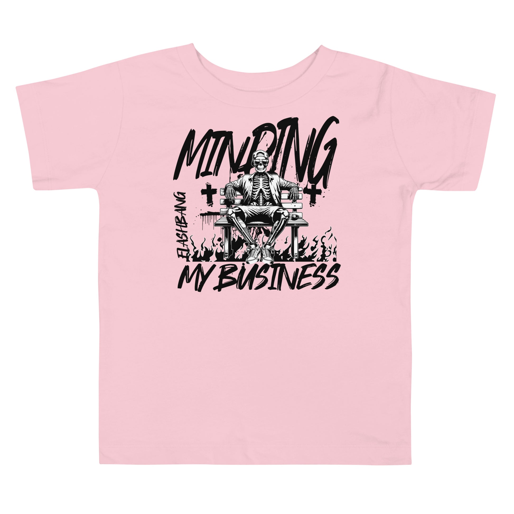 Pink t-shirt with black graphic design and text on a white background