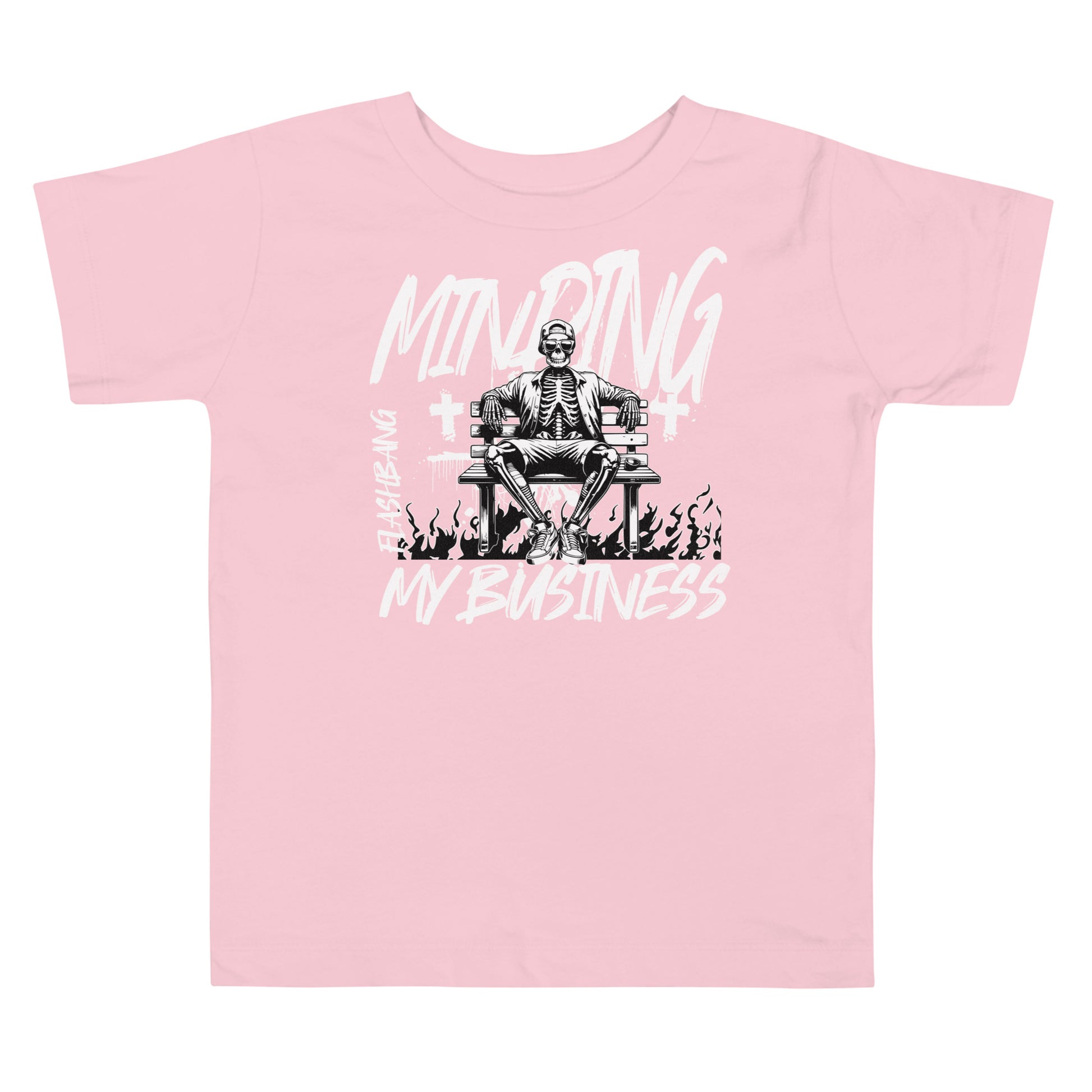 Pink t-shirt with a skeleton graphic and text on a white background