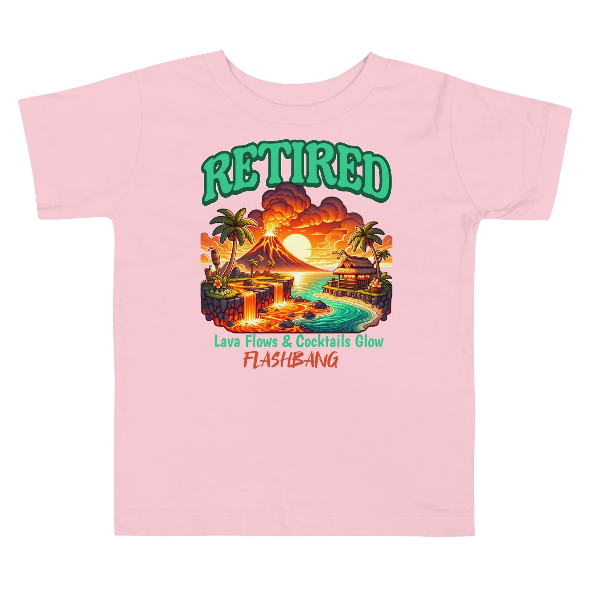 Pink t-shirt with a tropical design and 'Retired' text on a white background