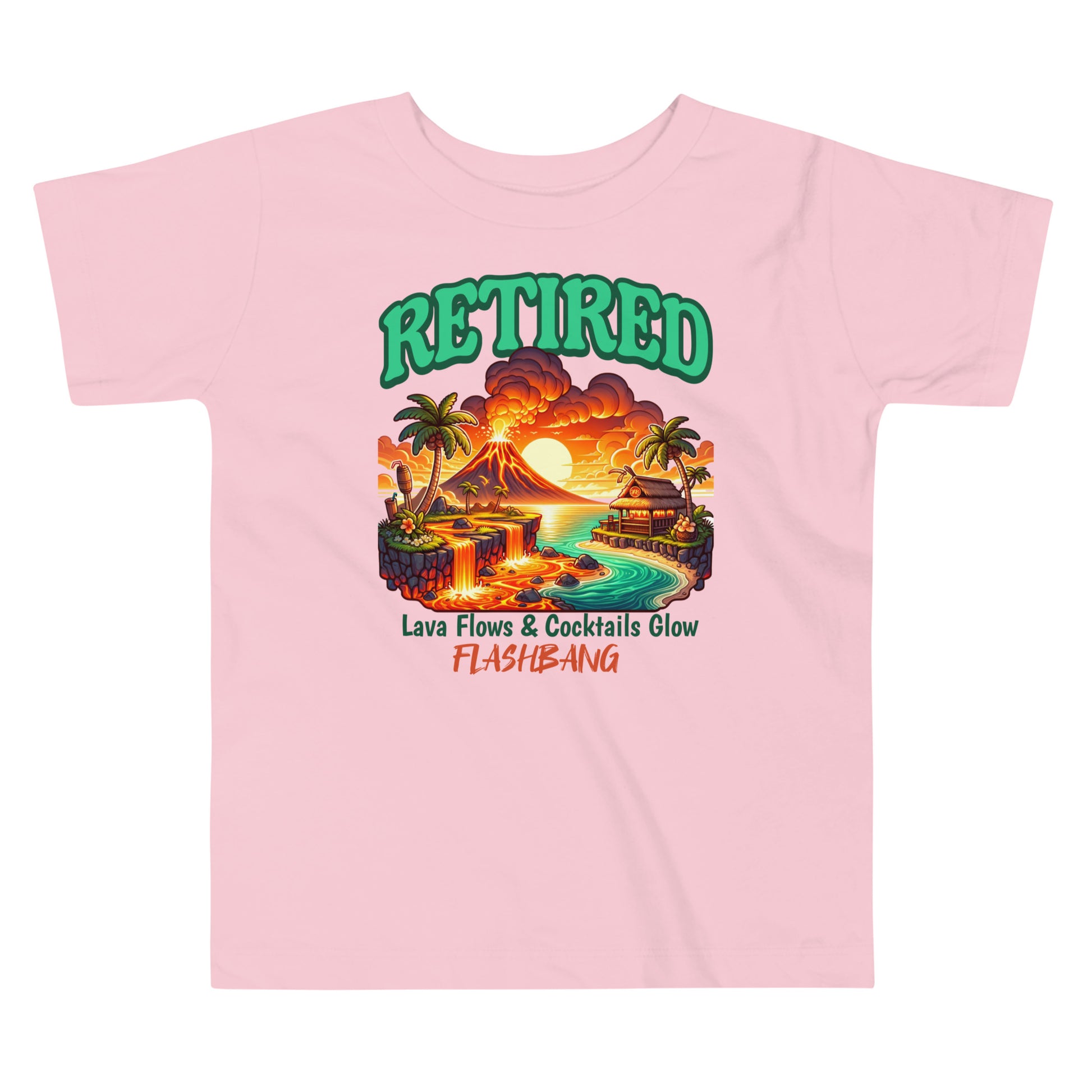 Pink t-shirt with a tropical graphic and 'Retired' text on a white background