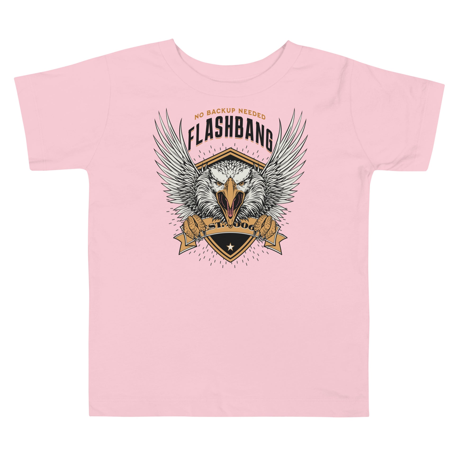 Pink t-shirt with an eagle graphic and 'Flashbang' text on a white background