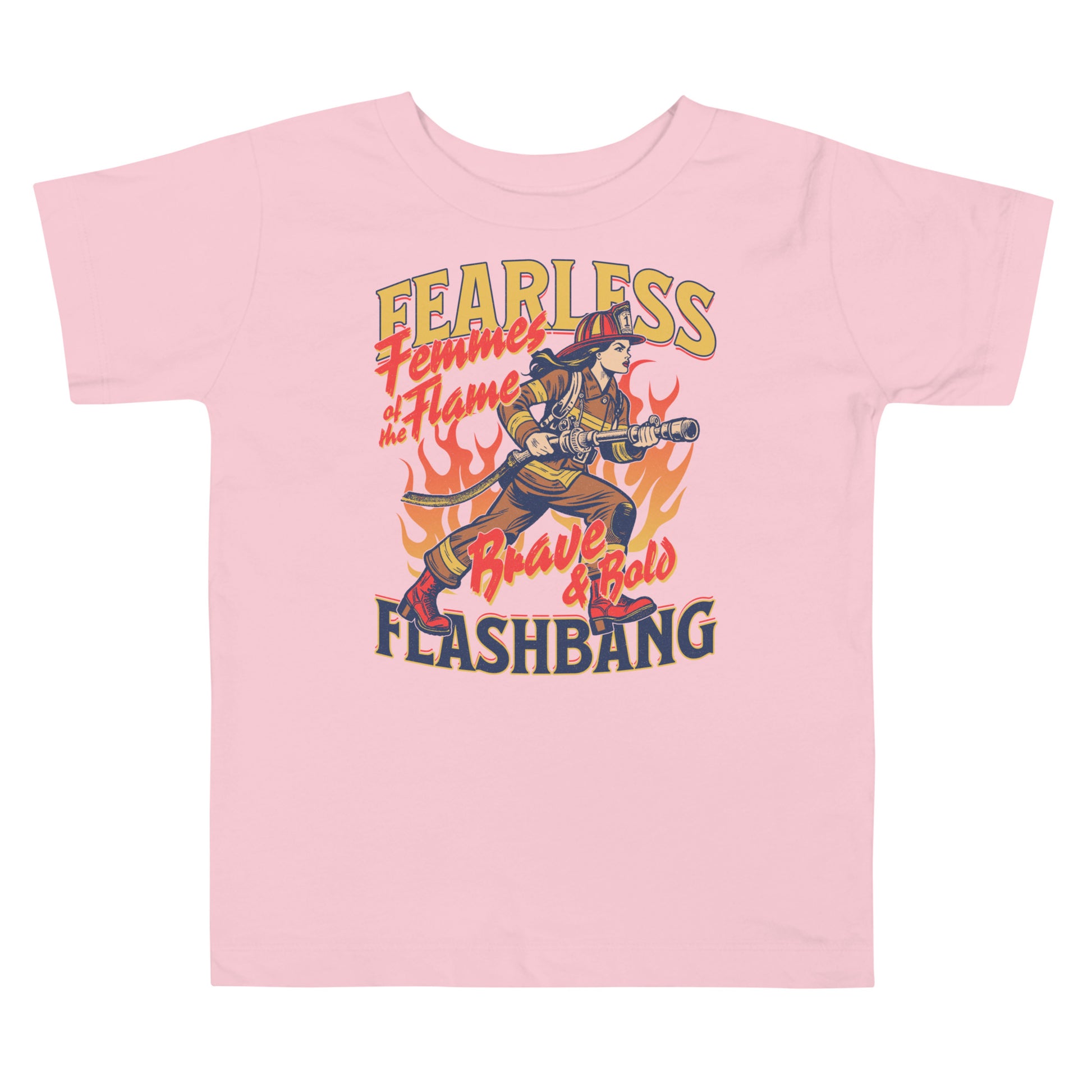 Pink t-shirt with graphic design and text on a white background