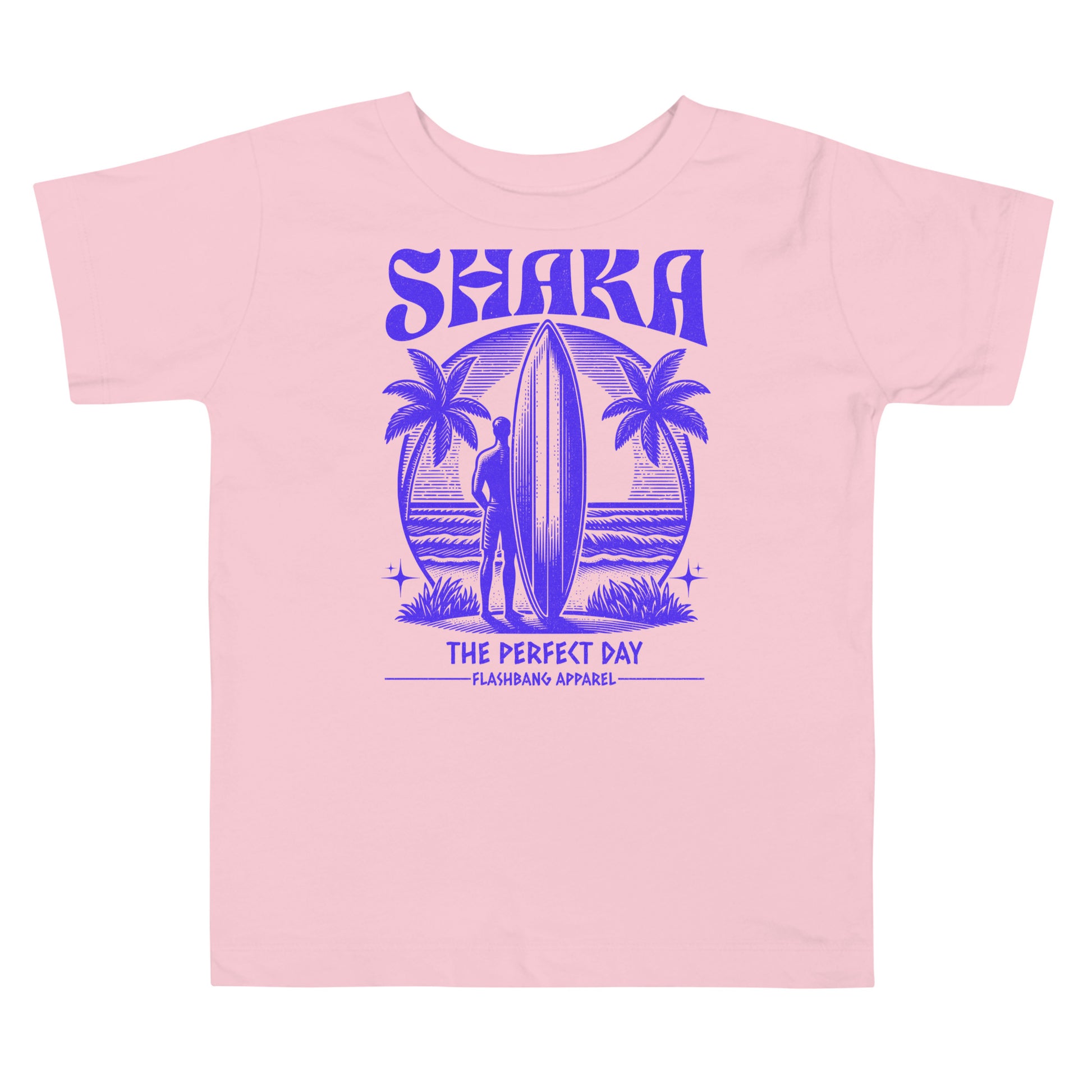 Pink t-shirt with purple 'Shaka' graphic design on a white background