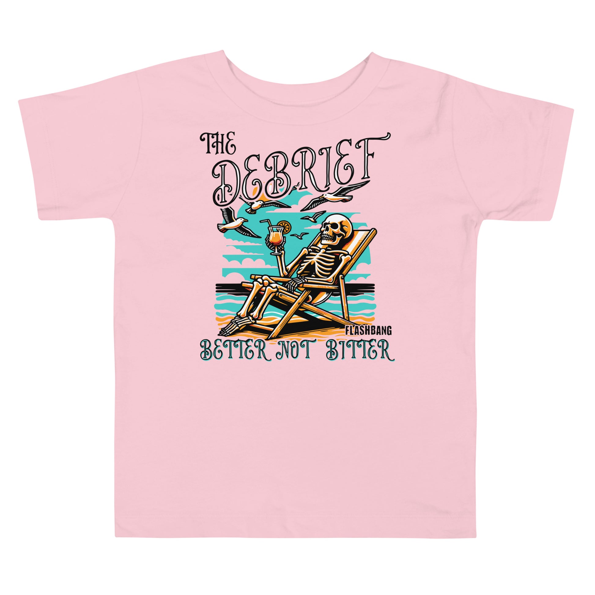 Pink t-shirt with a skeleton design and text on a white background