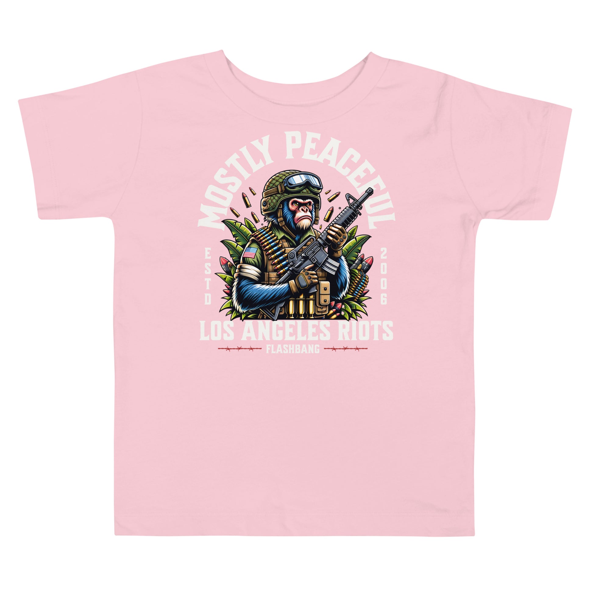 Pink t-shirt with graphic design of a character holding a gun and text on a white background