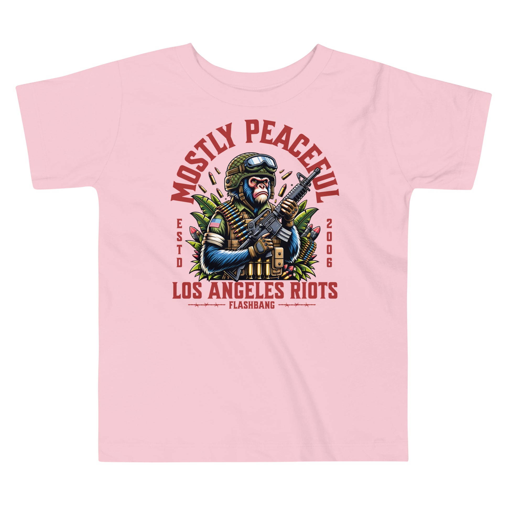 Pink t-shirt with graphic design and text on a white background